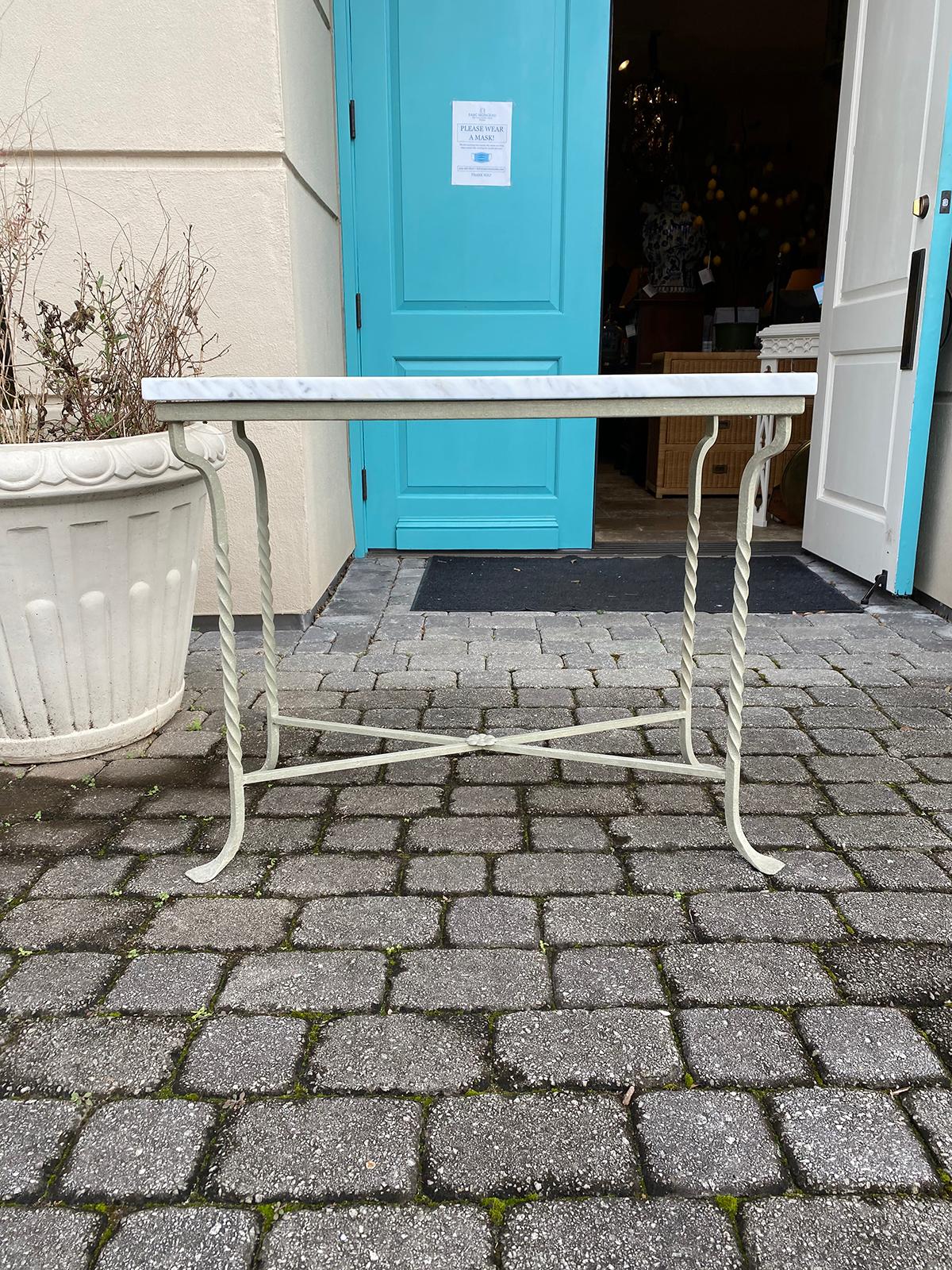 Hand-Painted Custom Painted Iron Conservatory Table or Console, White Carrara Top circa 1930s