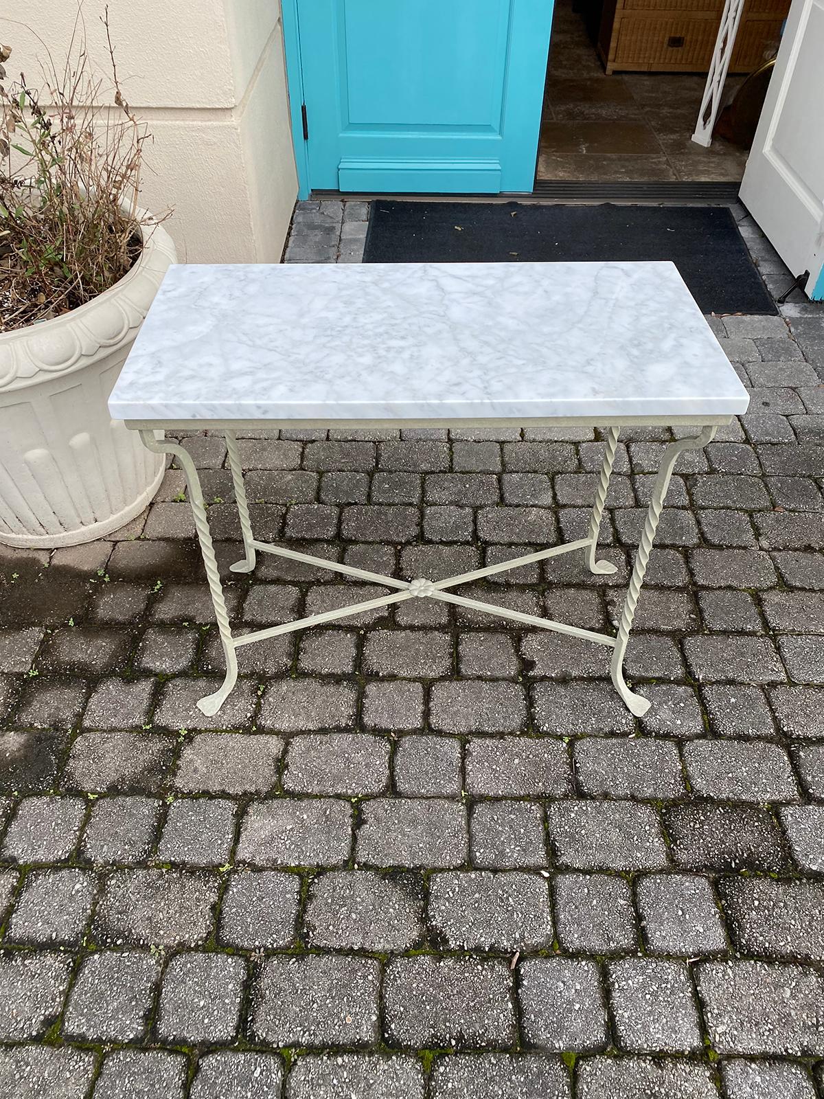 Custom Painted Iron Conservatory Table or Console, White Carrara Top circa 1930s In Good Condition In Atlanta, GA