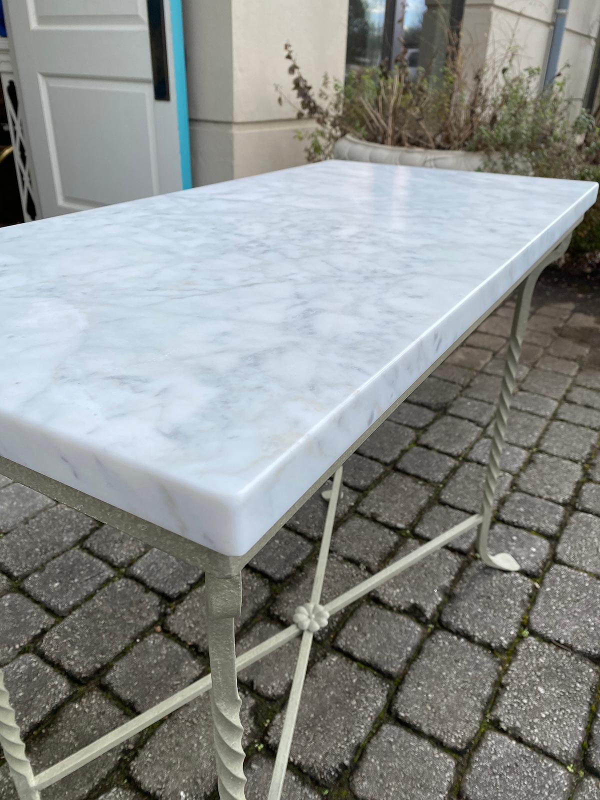 Custom Painted Iron Conservatory Table or Console, White Carrara Top circa 1930s 3