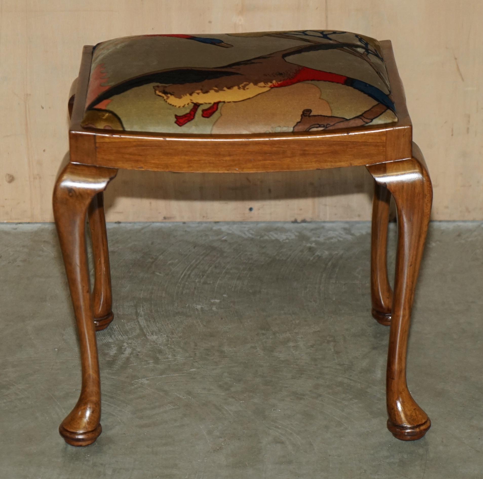 Art Deco CIRCA 1930's ENGLISH WALNUT MULBERRY FLYING DUCKS VELVET DRESSING TABLE STOOL For Sale