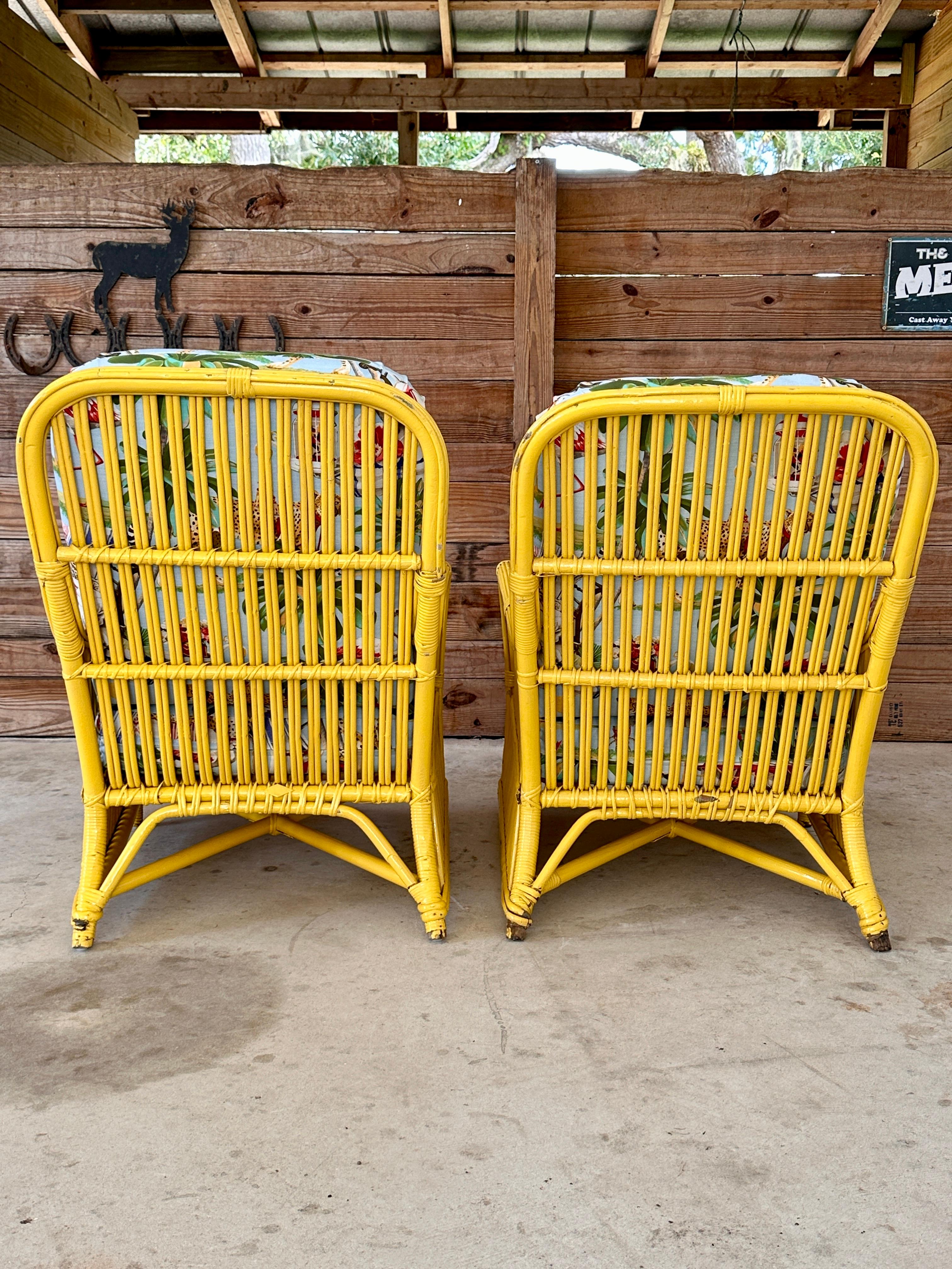 Circa 1930's Fick Reed Art Deco Coastal Regency Rattan Custom Upholstered Chairs 10
