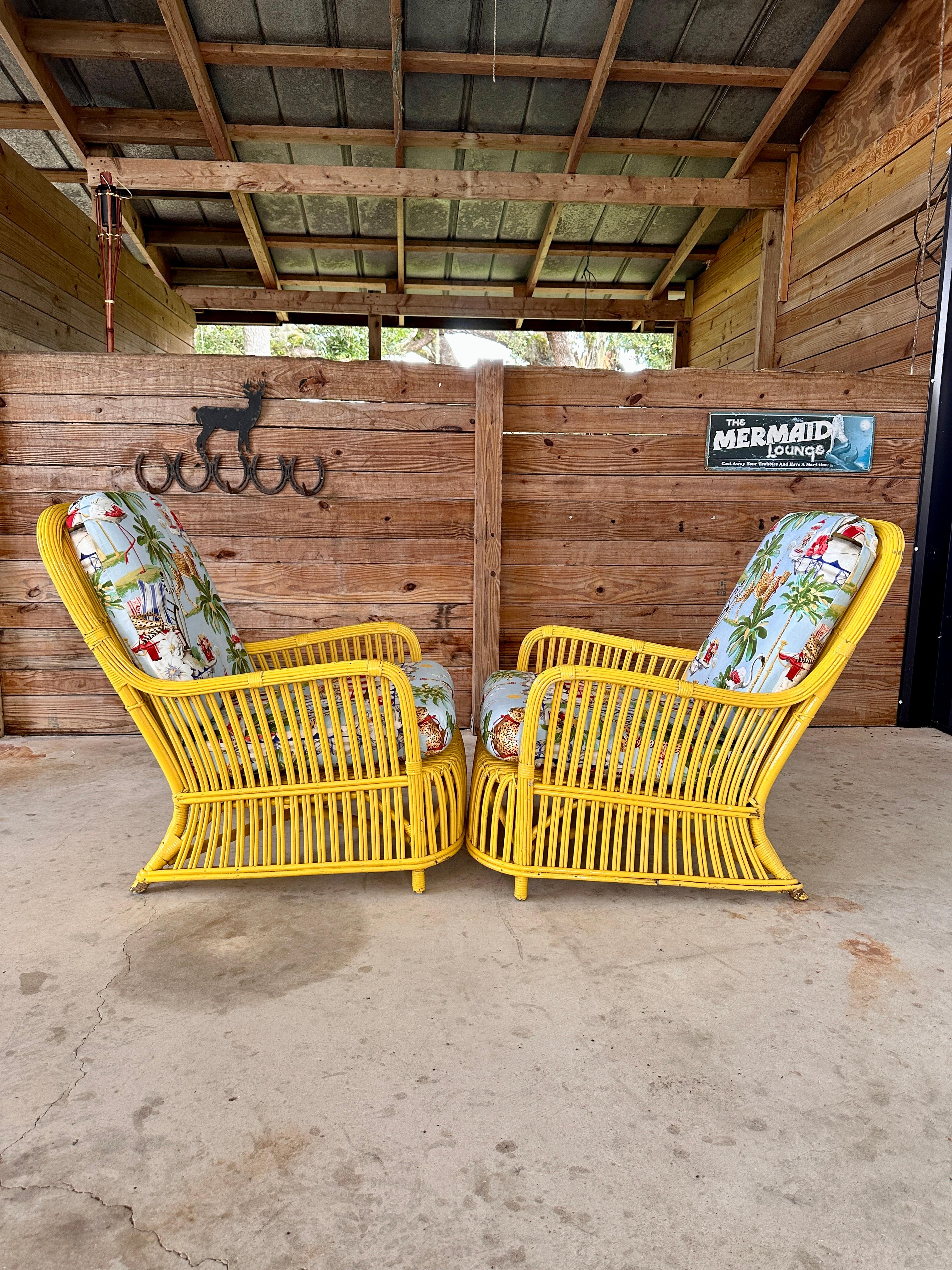 Circa 1930's Fick Reed Art Deco Coastal Regency Rattan Custom Upholstered Chairs 11