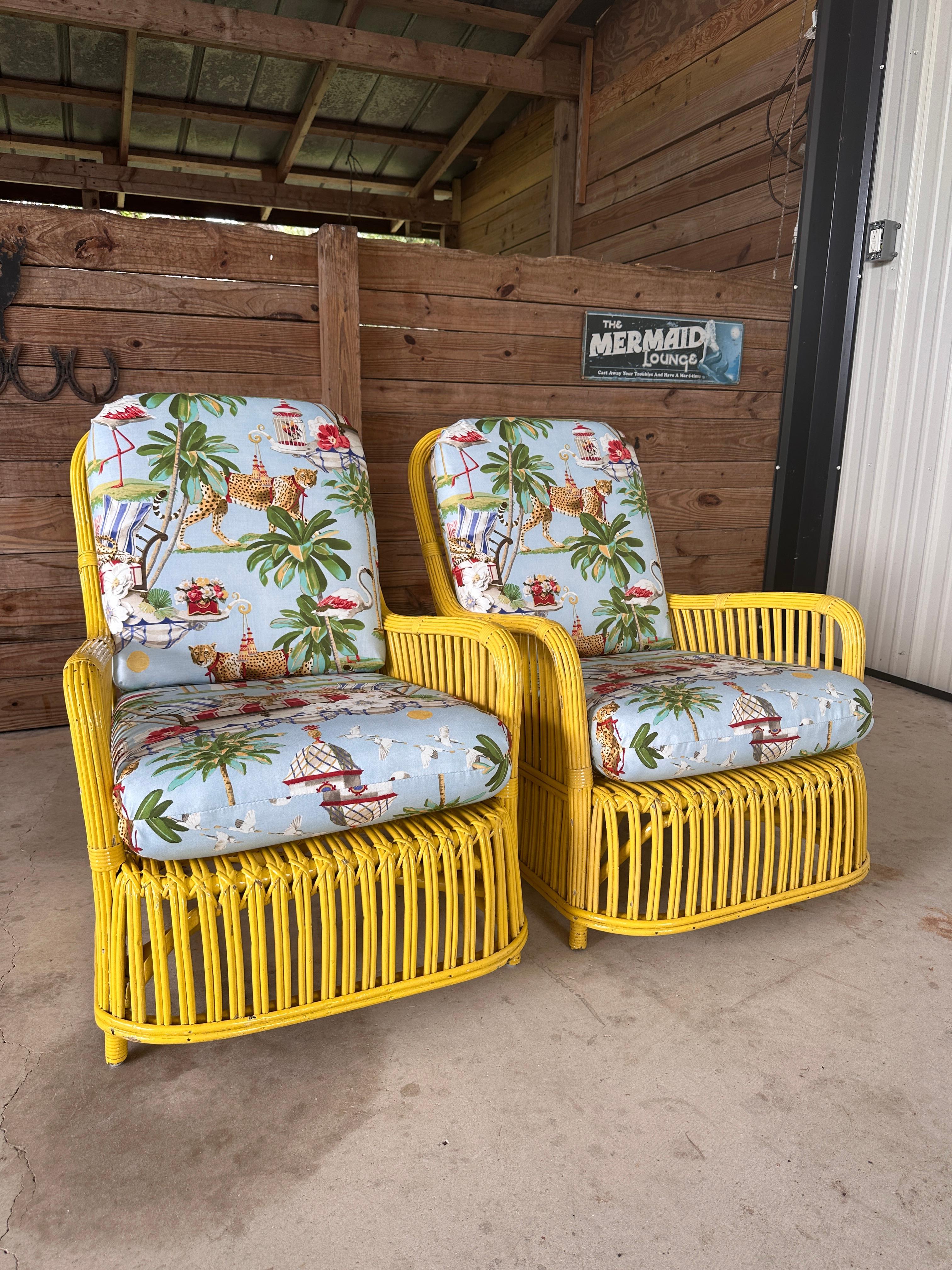American Circa 1930's Fick Reed Art Deco Coastal Regency Rattan Custom Upholstered Chairs