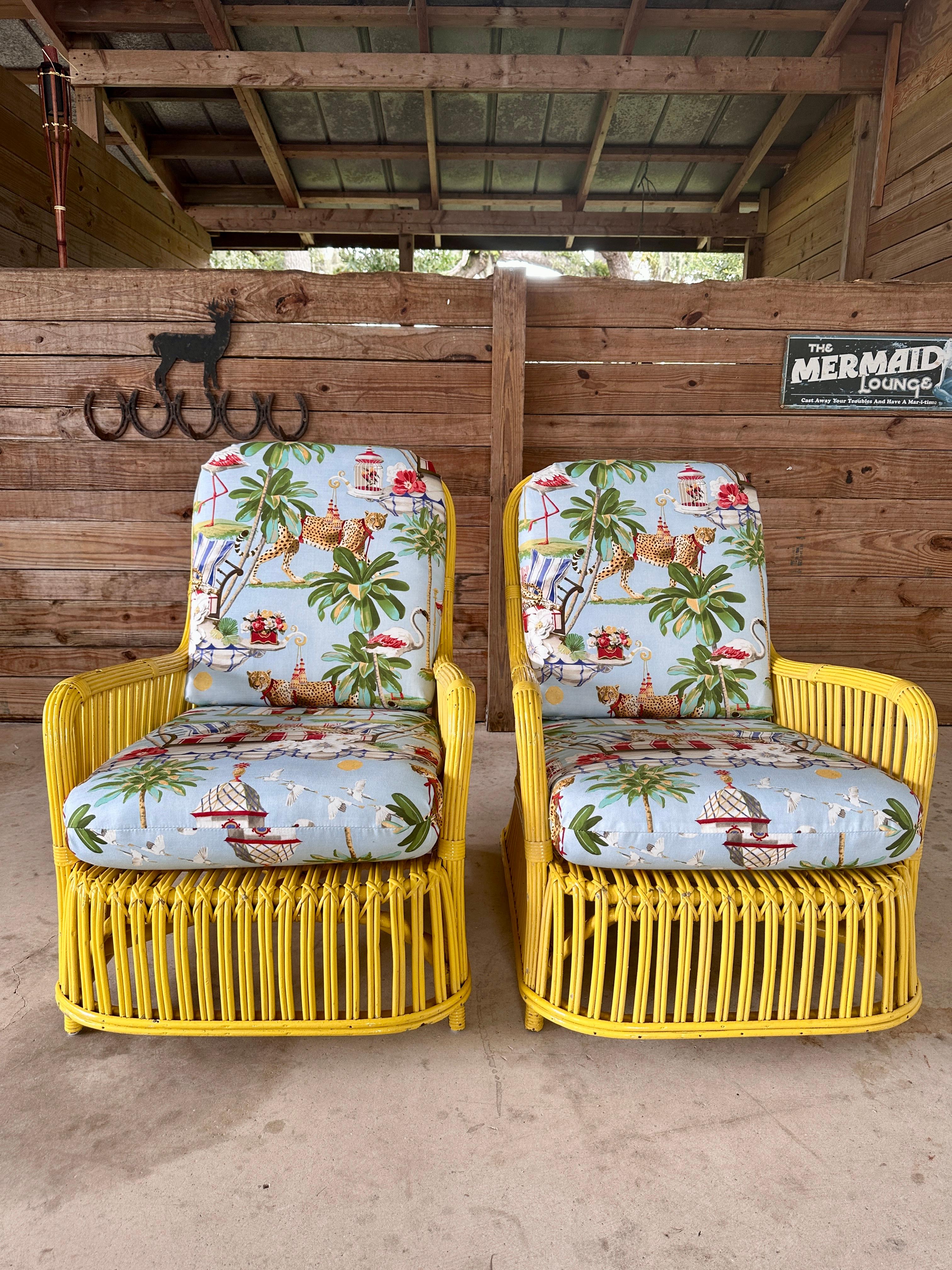 Hand-Crafted Circa 1930's Fick Reed Art Deco Coastal Regency Rattan Custom Upholstered Chairs