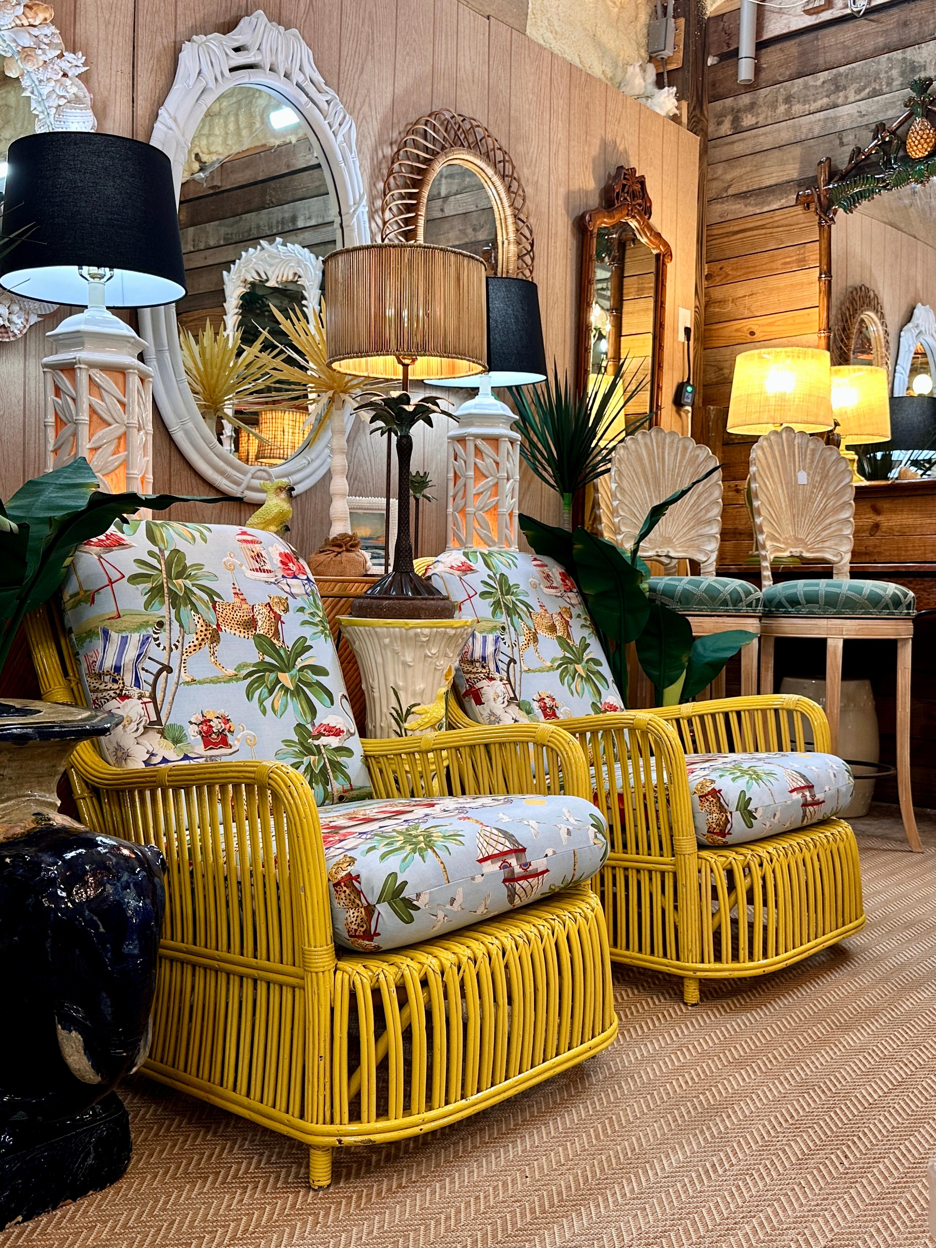 Circa 1930's Fick Reed Art Deco Coastal Regency Rattan Custom Upholstered Chairs In Good Condition In North Fort Myers, FL