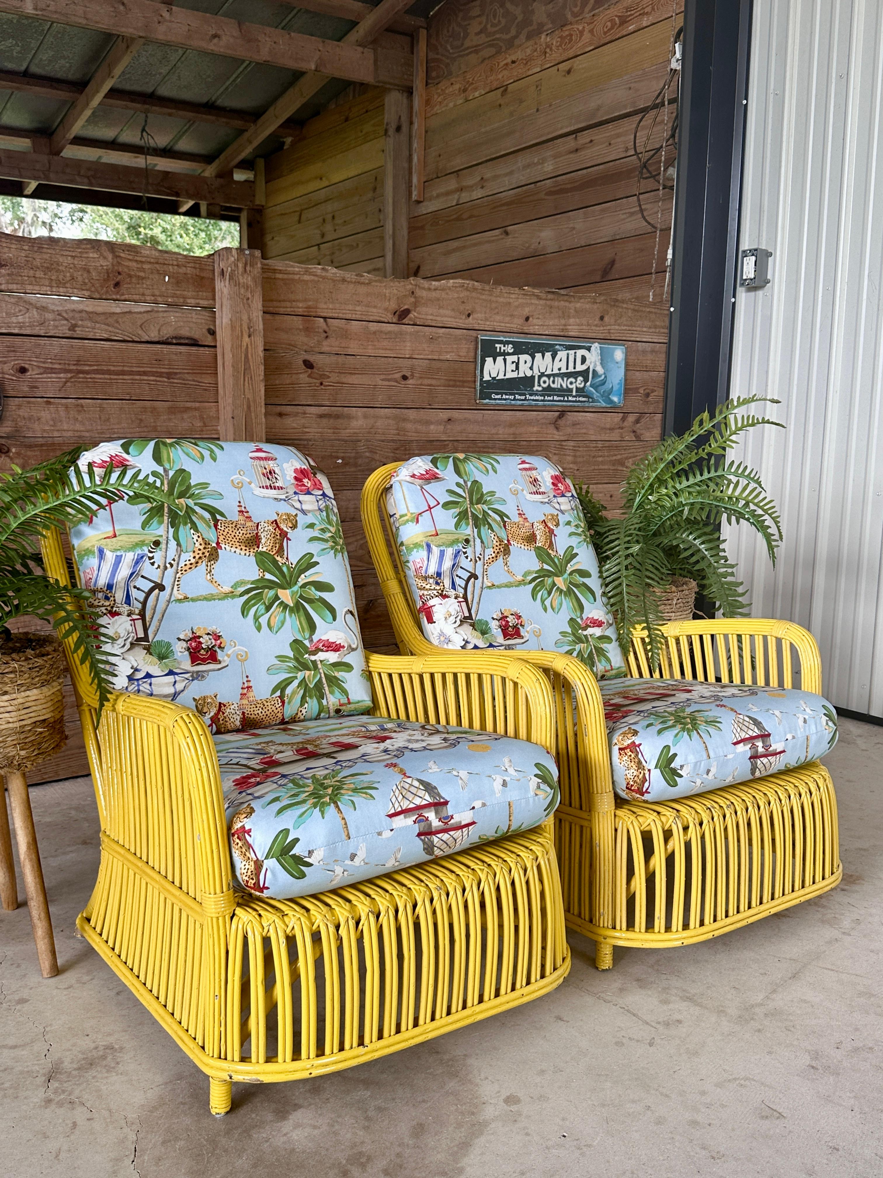 Mid-20th Century Circa 1930's Fick Reed Art Deco Coastal Regency Rattan Custom Upholstered Chairs