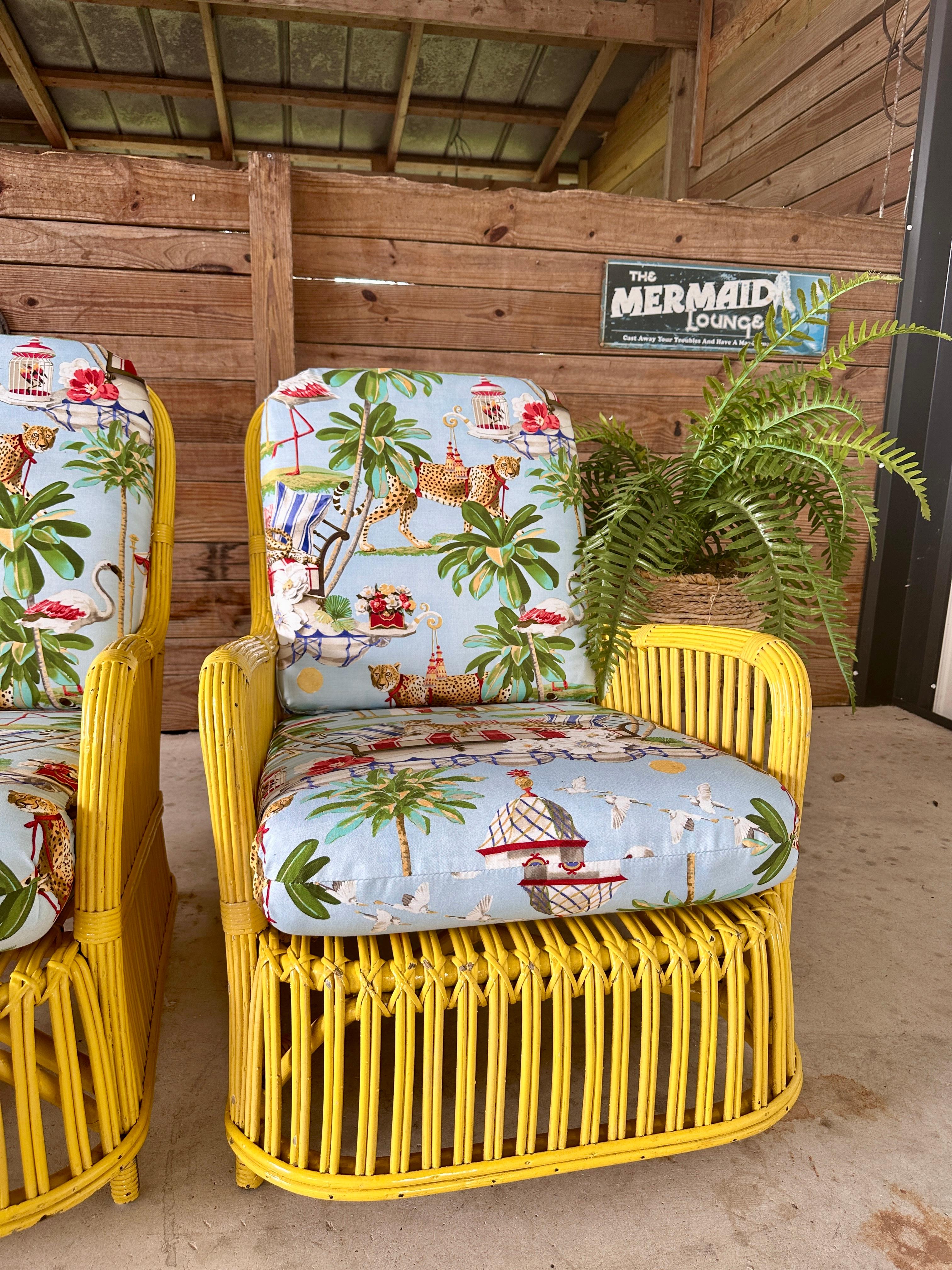Upholstery Circa 1930's Fick Reed Art Deco Coastal Regency Rattan Custom Upholstered Chairs
