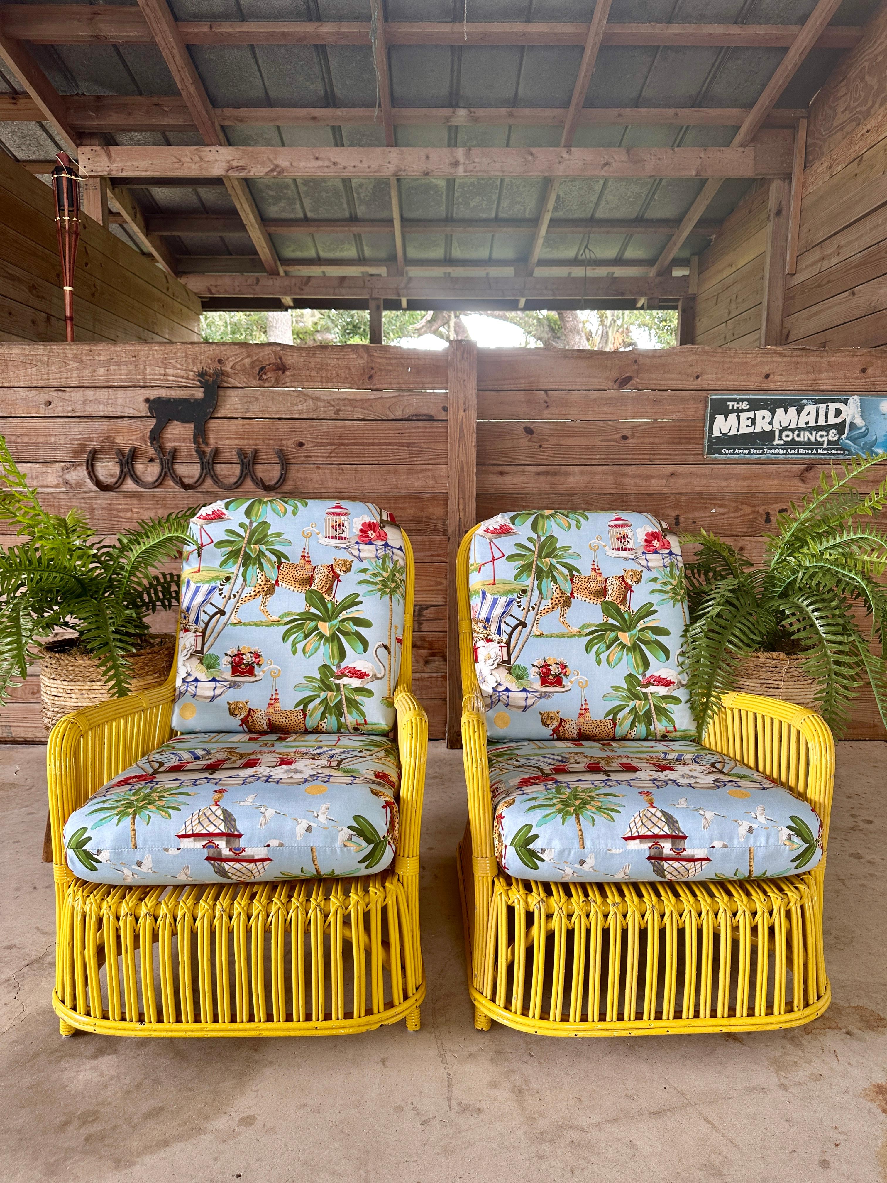 Circa 1930's Fick Reed Art Deco Coastal Regency Rattan Custom Upholstered Chairs 1