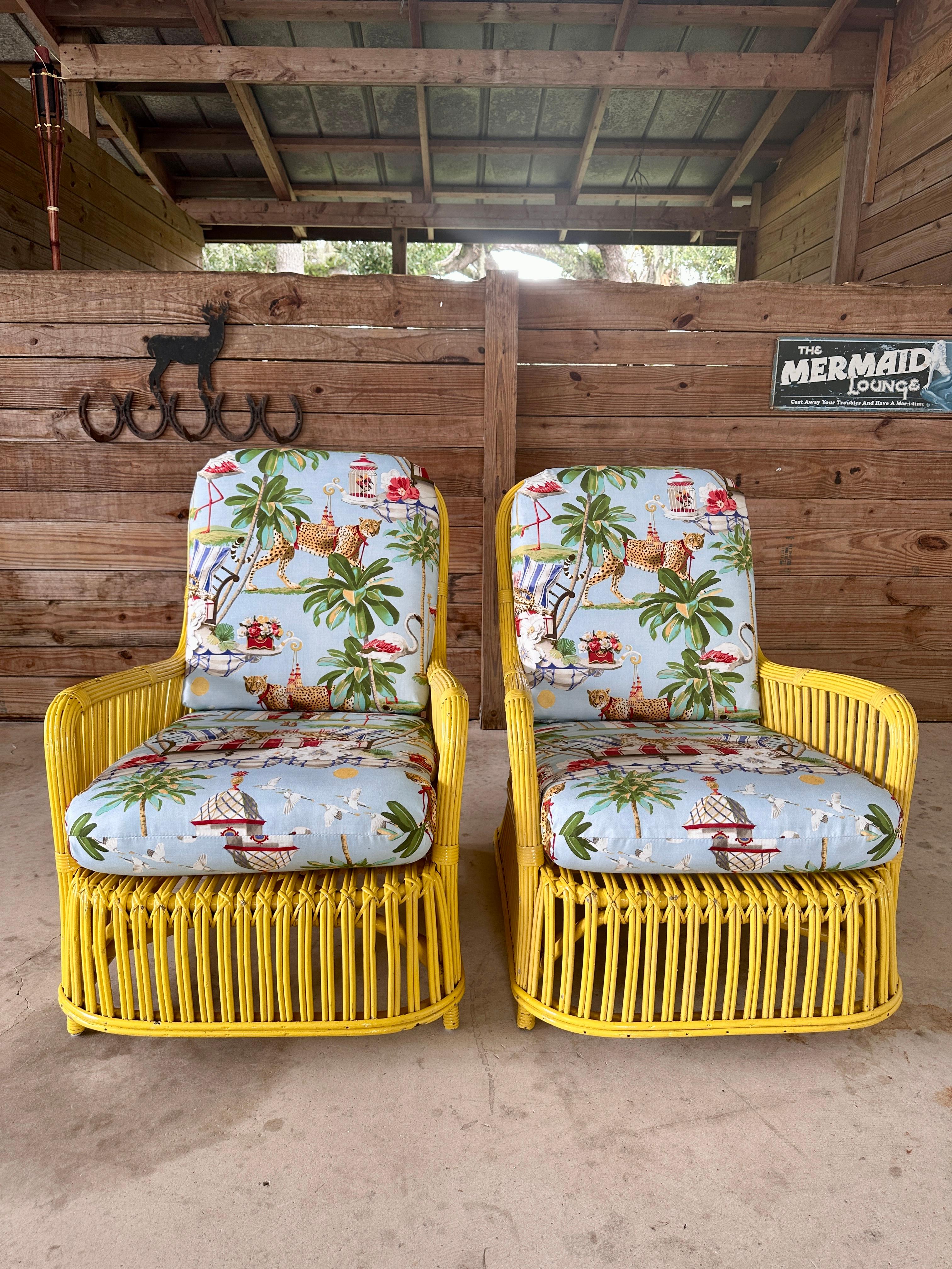 Circa 1930's Fick Reed Art Deco Coastal Regency Rattan Custom Upholstered Chairs 2