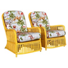 Circa 1930's Fick Reed Art Deco Coastal Regency Rattan Custom Upholstered Chairs