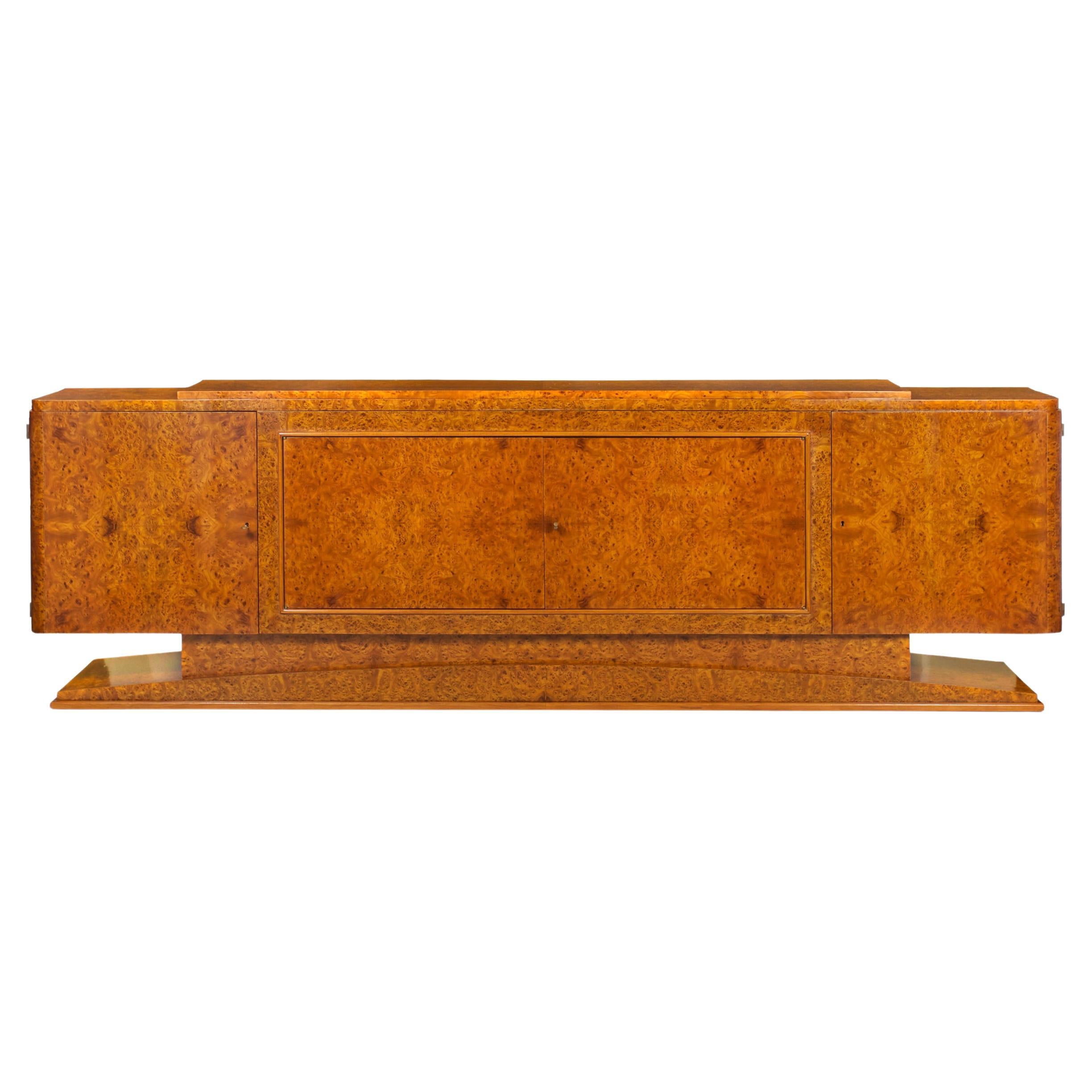 Circa 1930s French Art Deco Burl Olivewood Credenza Cabinet, 118" wide For Sale