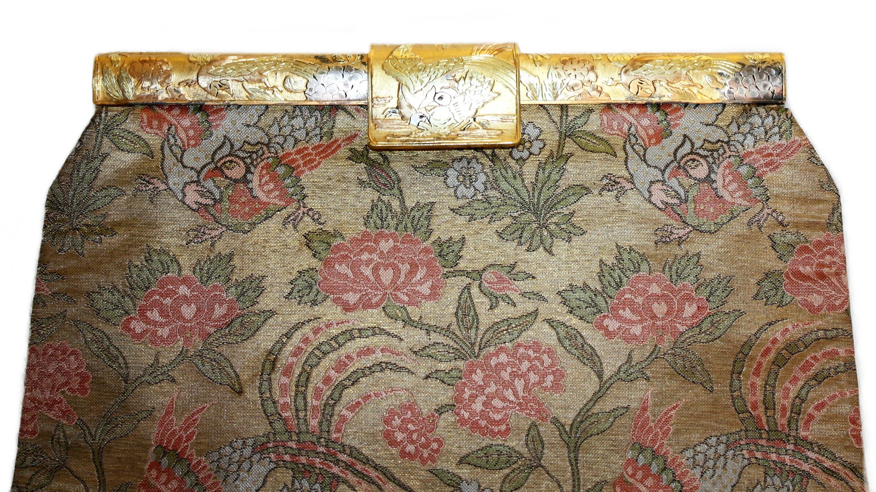 Brown Circa 1930's French Bird Motif Brocade Purse with Matching Frame and Fabric For Sale