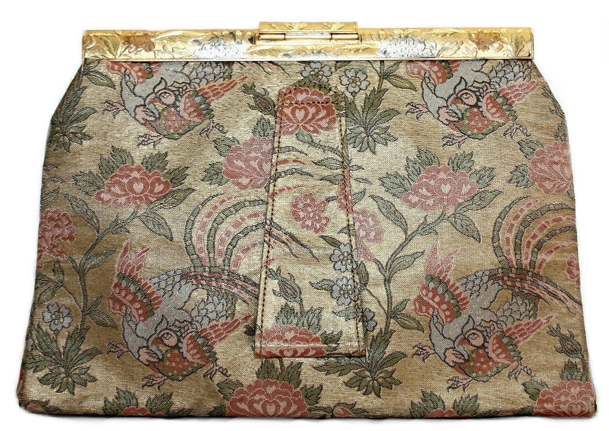 Circa 1930's French Bird Motif Brocade Purse with Matching Frame and Fabric In Good Condition For Sale In Long Beach, CA