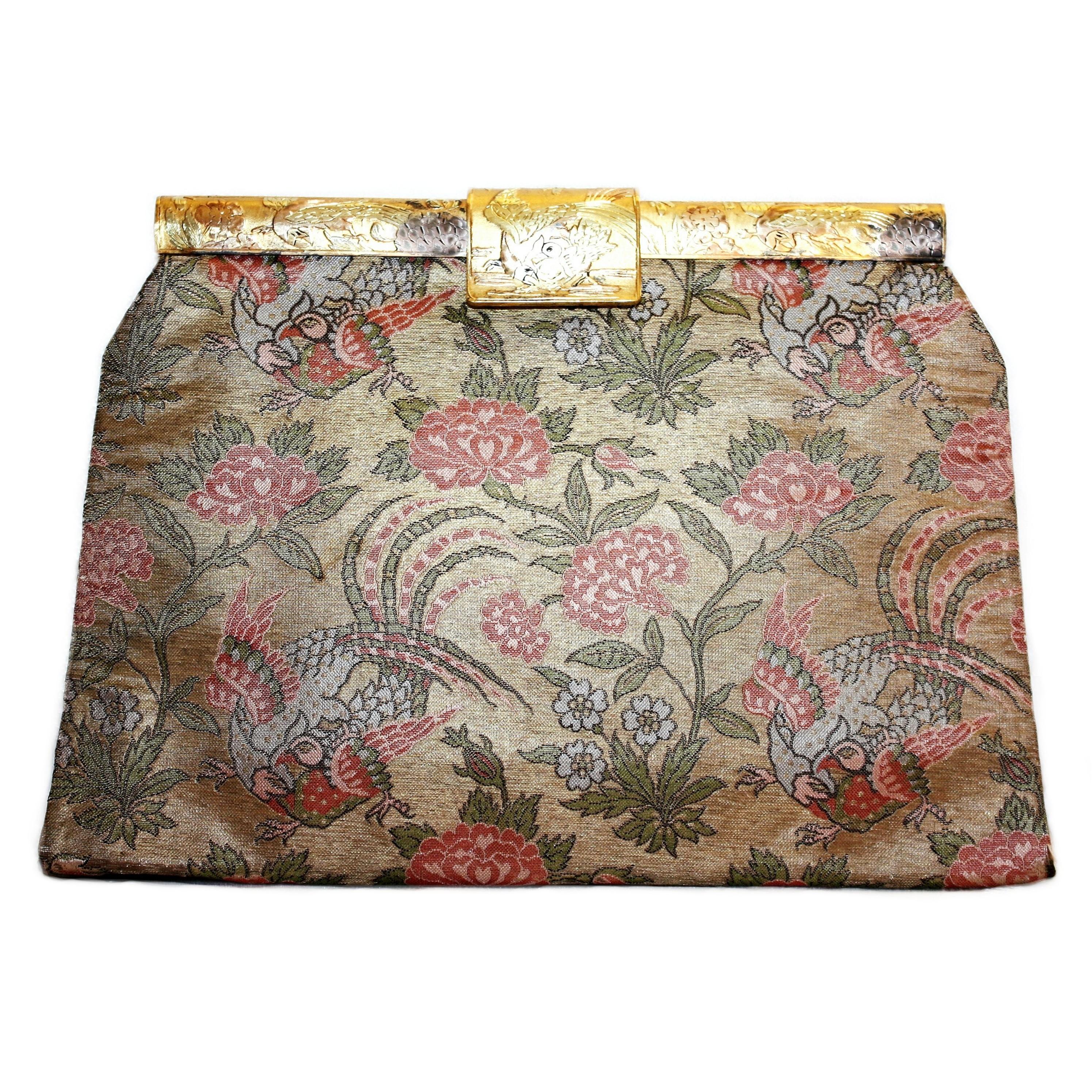 Circa 1930's French Bird Motif Brocade Purse with Matching Frame and Fabric For Sale