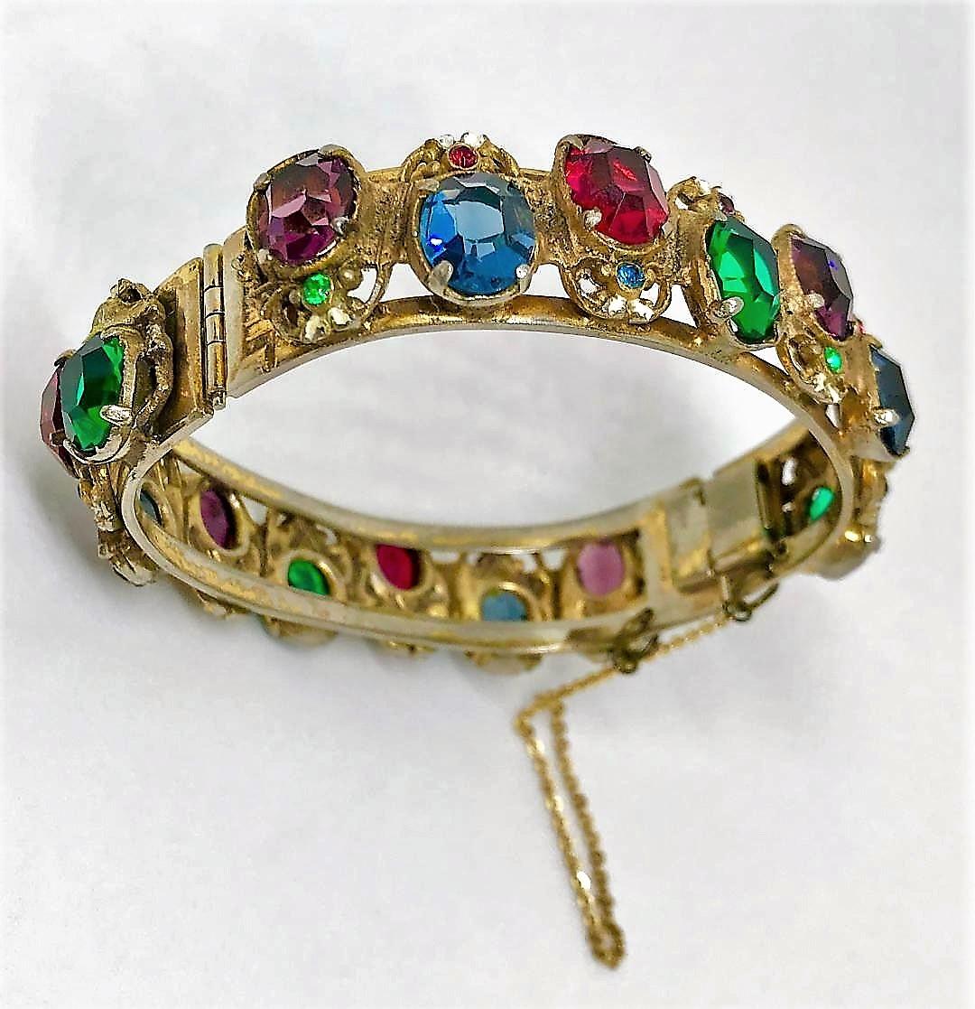 Art Deco Circa 1930s Goldtone Hinged Bangle Set With Bright Jewel Tone Faceted Stones For Sale