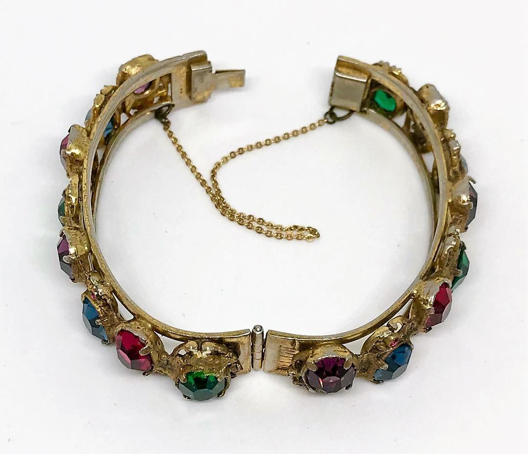 Women's Circa 1930s Goldtone Hinged Bangle Set With Bright Jewel Tone Faceted Stones For Sale