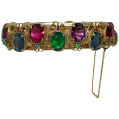 Vintage Circa 1930s Goldtone Hinged Bangle Set With Bright Jewel Tone Faceted Stones