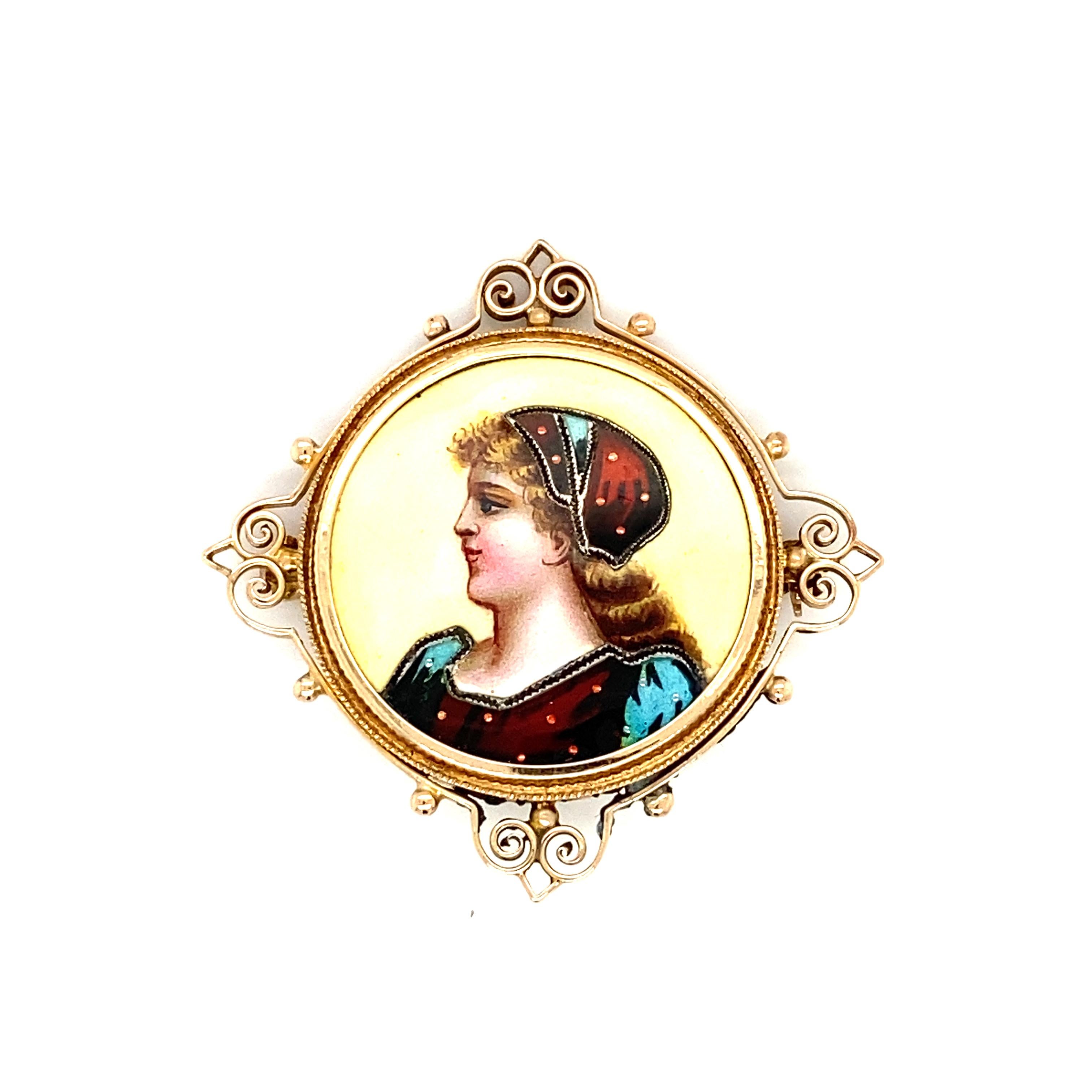 Item Details: This antique art deco brooch has a hand-painted portrait design on porcelain. It is framed in 10 Karat yellow gold with a scroll motif. The design and details are absolutely beautiful, with true art deco era characteristics 

Circa:
