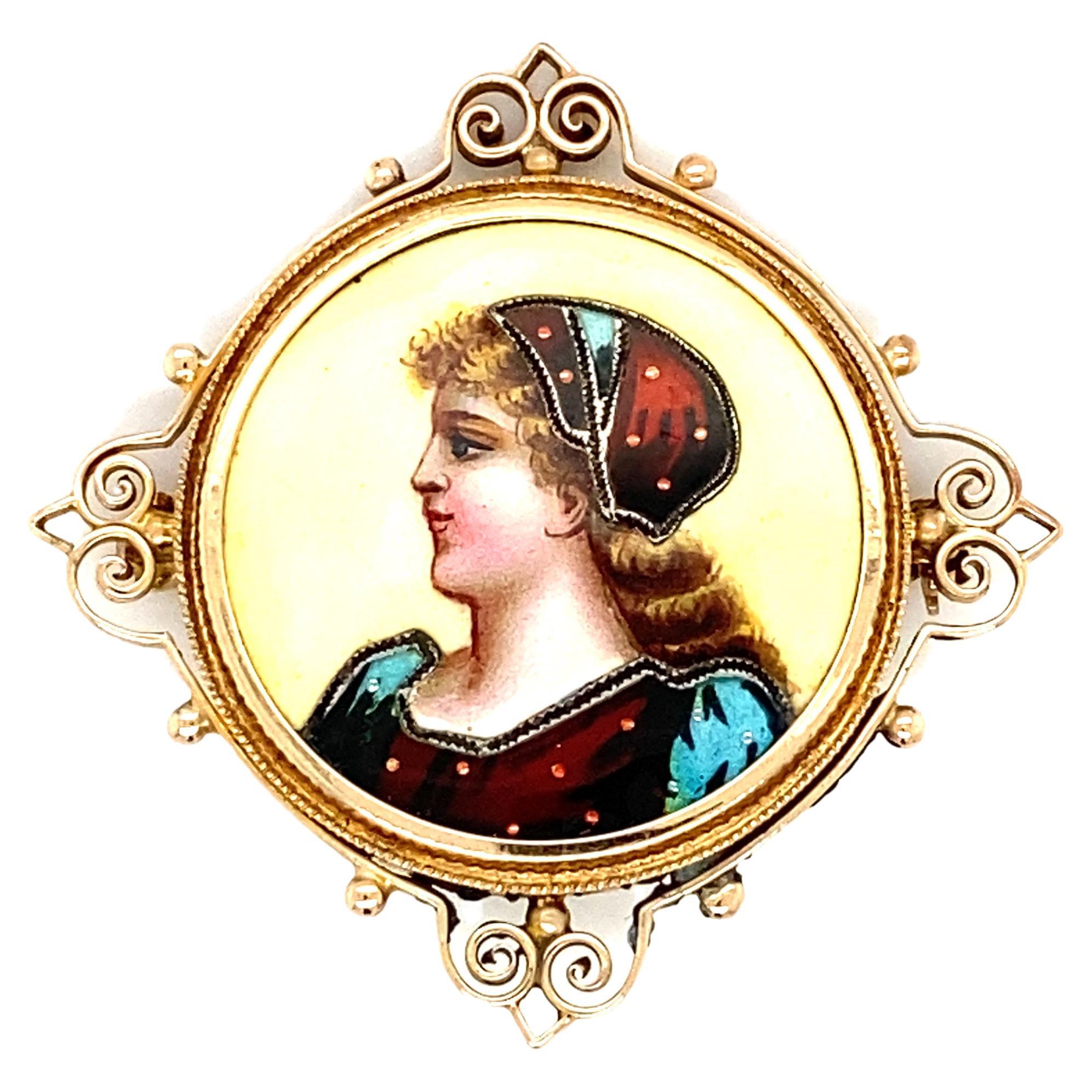 Circa 1930s Hand Painted Porcelain Portrait Brooch in 10 Karat Gold For Sale