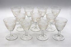 Circa 1930s Italian Set of 10 +1 Cut Glass Aperitif Stemmed Glasses