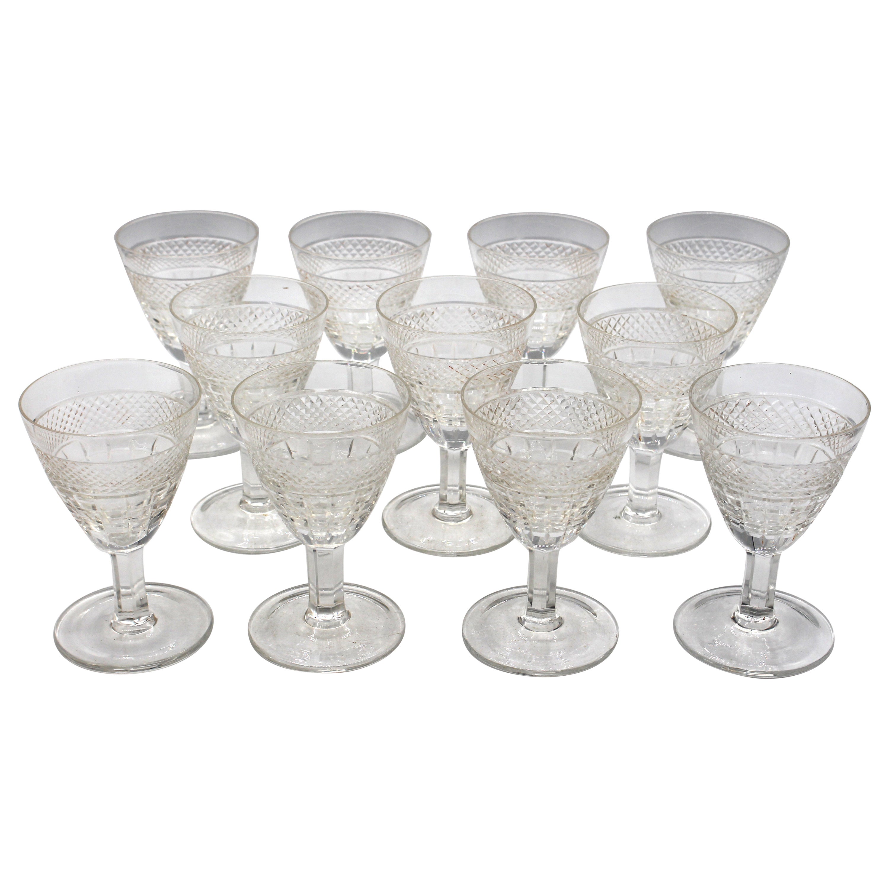 Circa 1930s Italian Set of 10 +1 Cut Glass Aperitif Stemmed Glasses