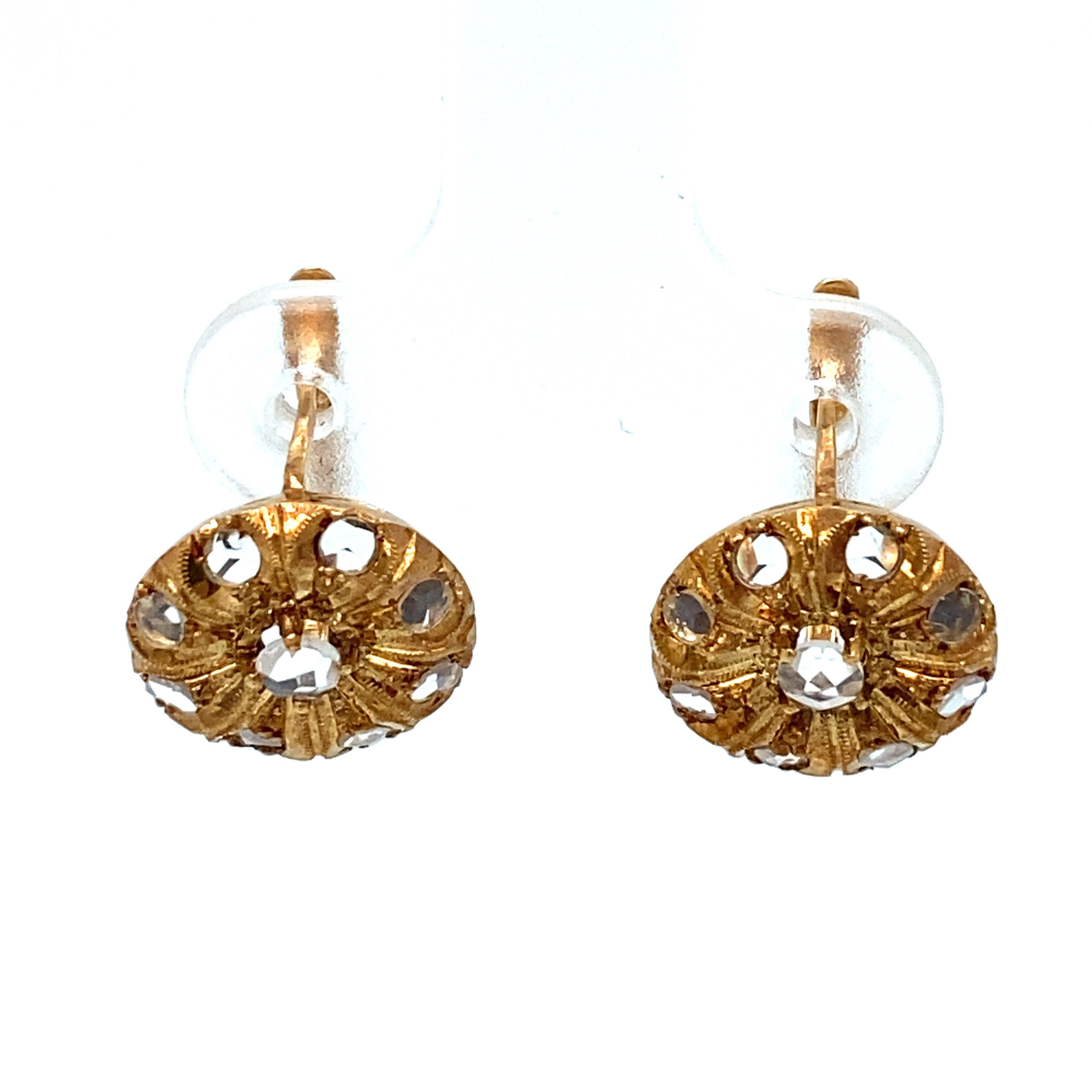 Item Details: These antique earrings have a unique Art Deco design with rose cut diamonds in a lever-back dangle design. Absolutely beautiful true era and exquisite earrings for your antique collection!

Circa: 1930s
Metal Type:  14 Karat Yellow
