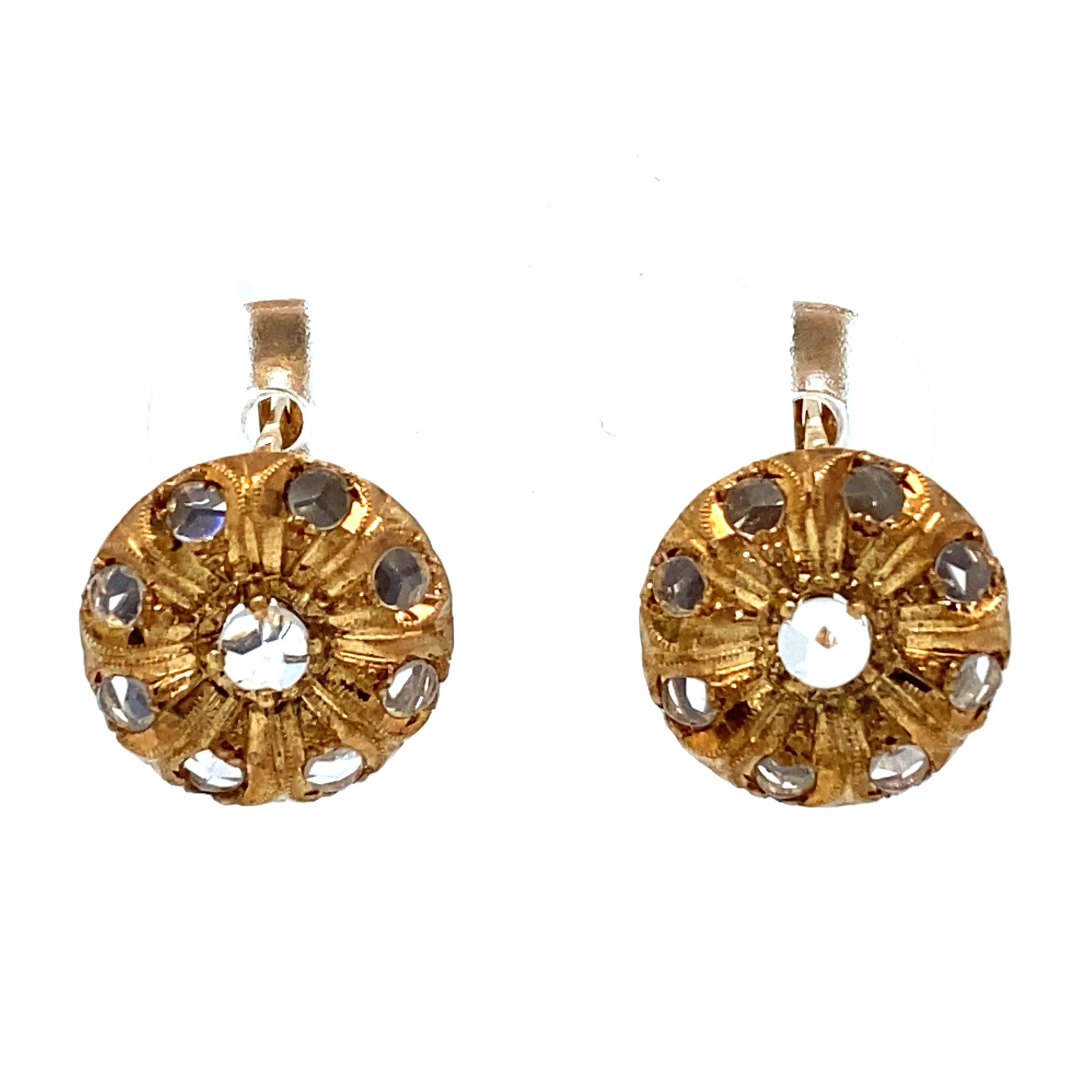 CIRCA 1930er Jahre Hebelrückseite Diamant-Baumel-Ohrringe mit Rosenschliff aus 14 Karat Gold (Art déco) im Angebot