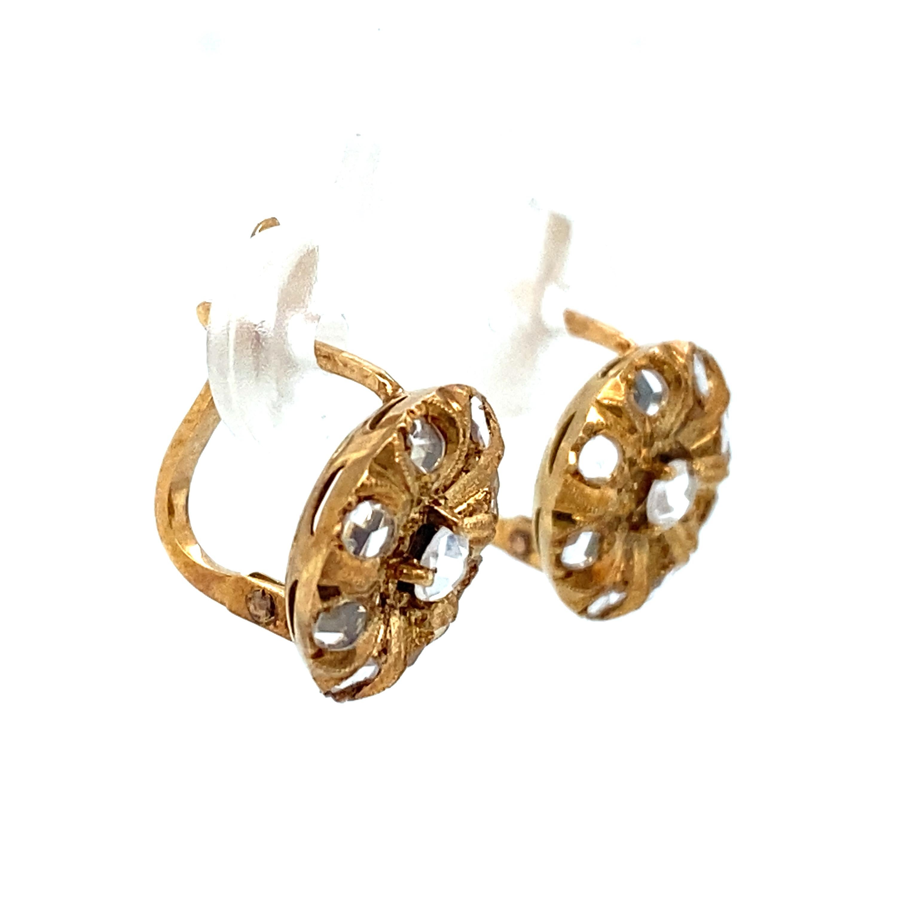 CIRCA 1930er Jahre Hebelrückseite Diamant-Baumel-Ohrringe mit Rosenschliff aus 14 Karat Gold im Zustand „Hervorragend“ im Angebot in Atlanta, GA