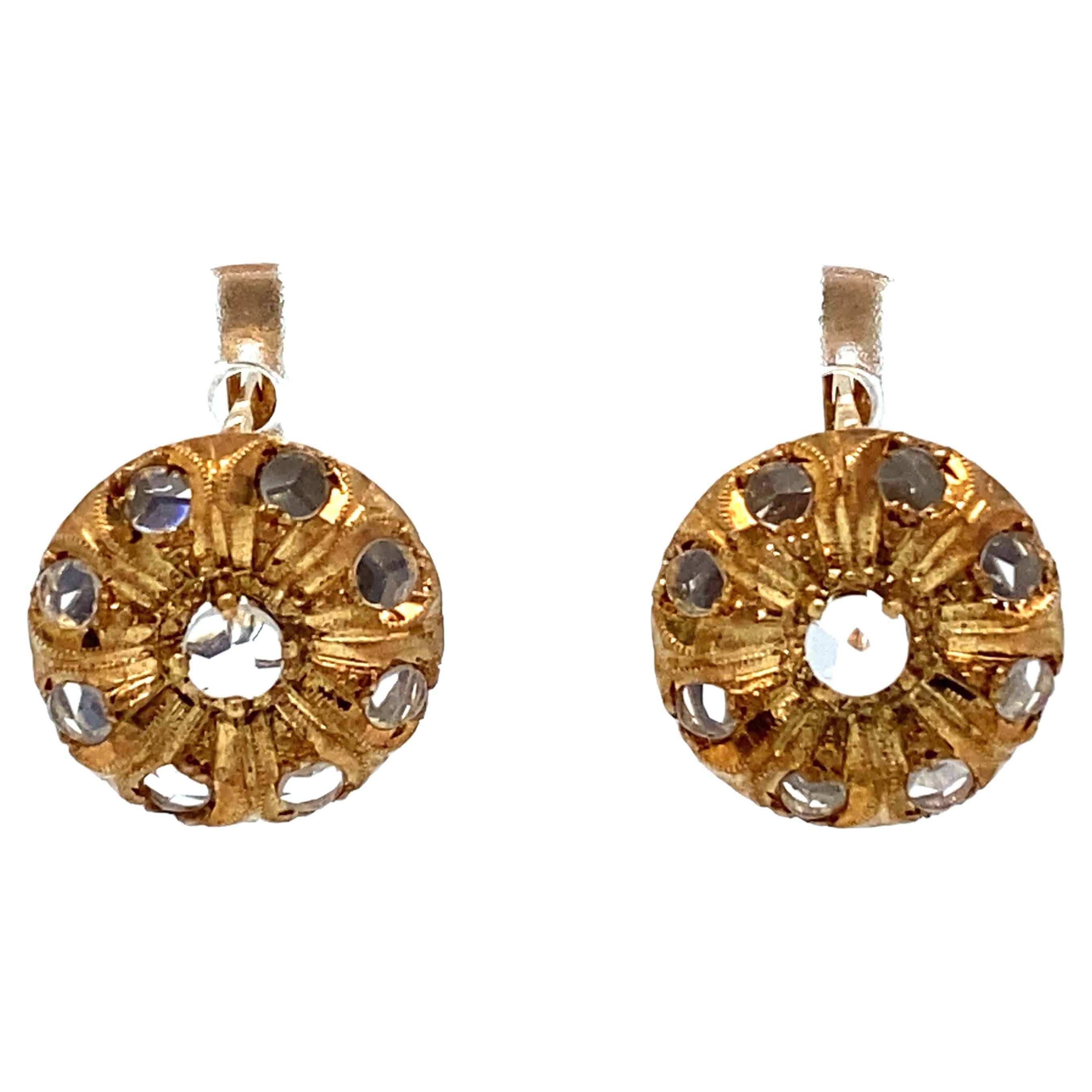 CIRCA 1930er Jahre Hebelrückseite Diamant-Baumel-Ohrringe mit Rosenschliff aus 14 Karat Gold im Angebot
