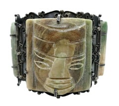 Circa 1930s Mexican Sterling Silver and Green Onyx Mask Bracelet