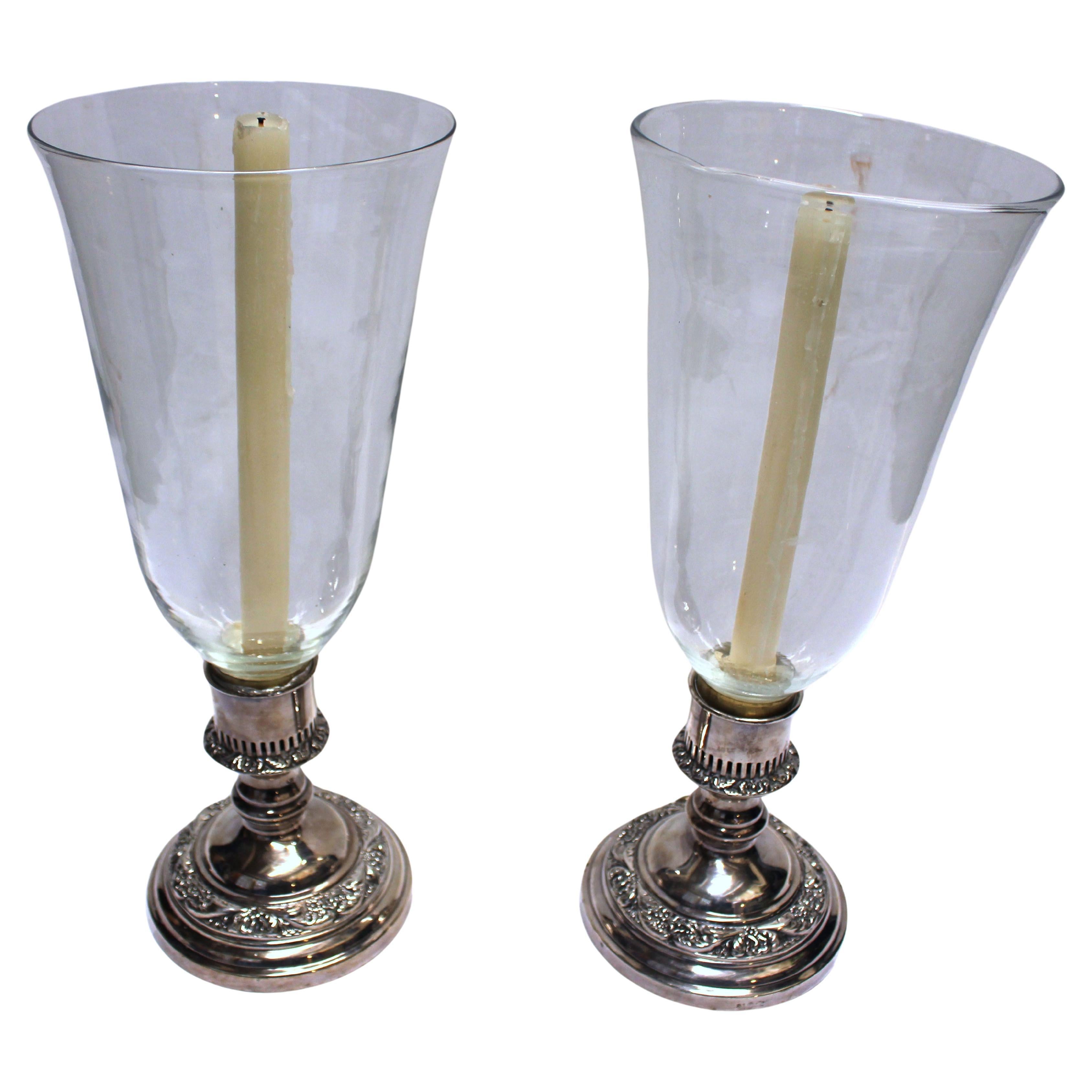 Circa 1930s Pair of Hurricane Silver Plated Candle Holders, England For Sale