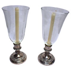 Antique Circa 1930s Pair of Hurricane Silver Plated Candle Holders, England