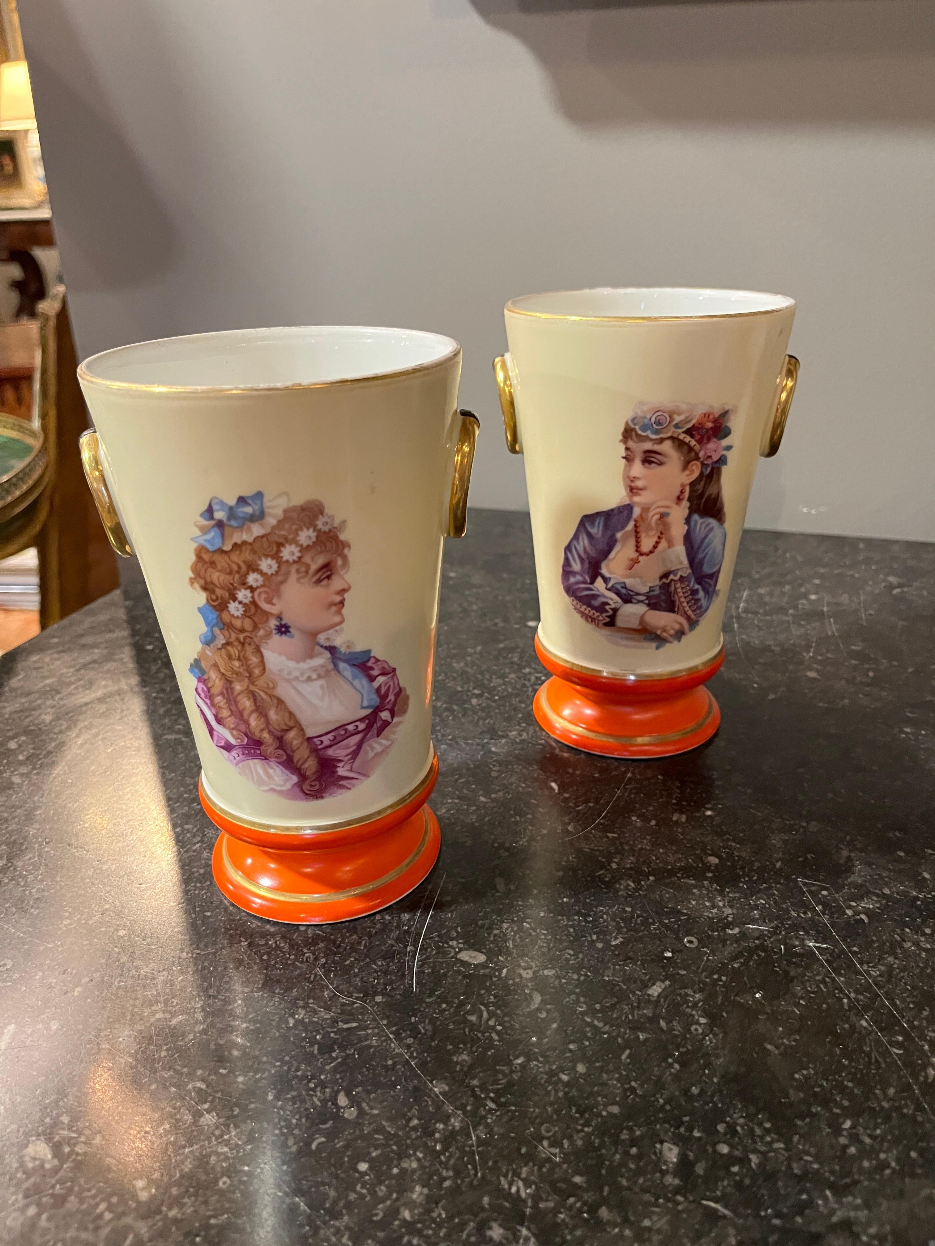 Circa 1930's Pair Portrait Vases Orange Accent 
Beautiful pair purchased in France. Age appropriate wear, see detailed photos or message us with questions. 