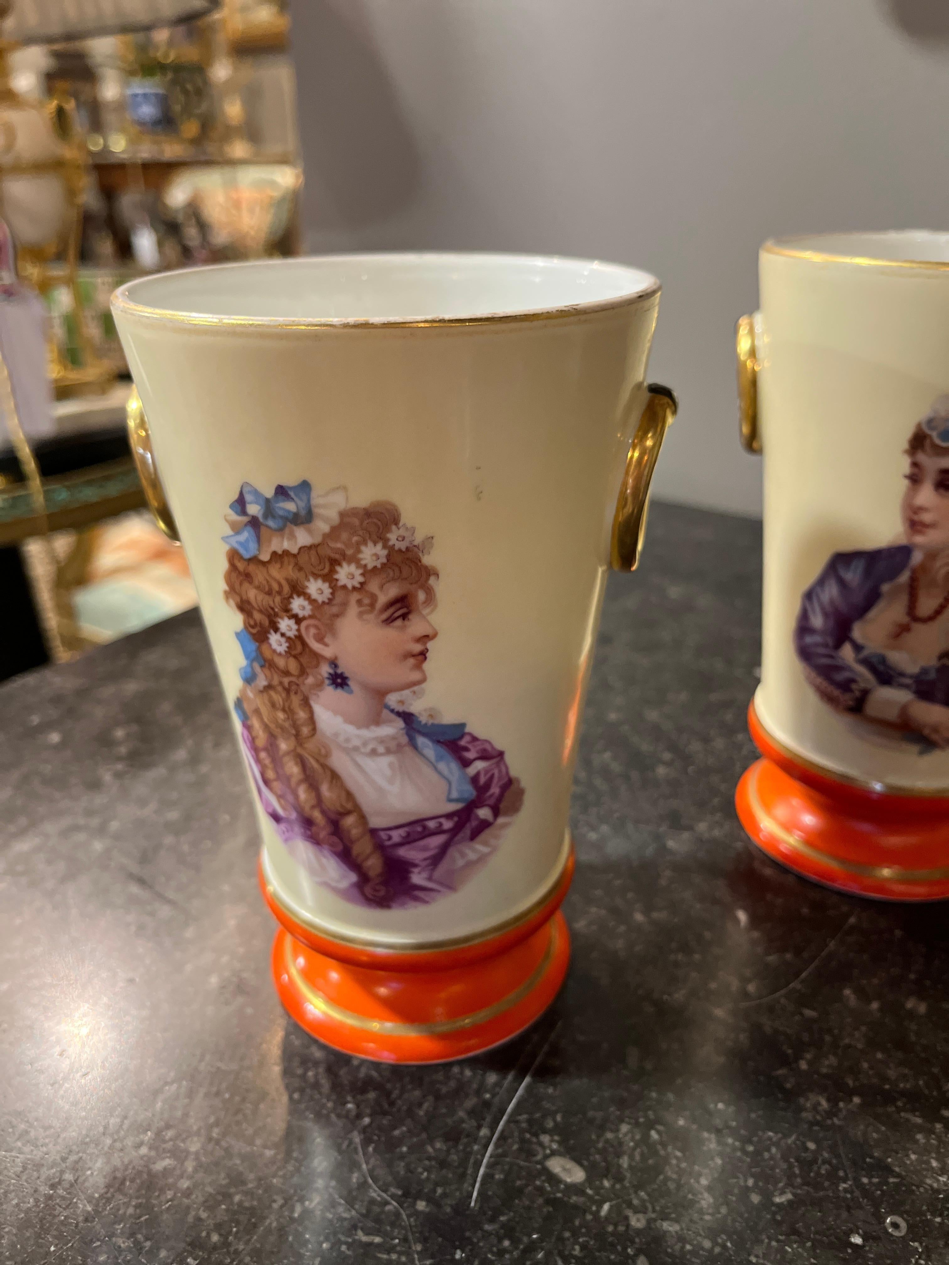 Napoleon III Circa 1930's Pair Portrait Vases Orange Accent For Sale