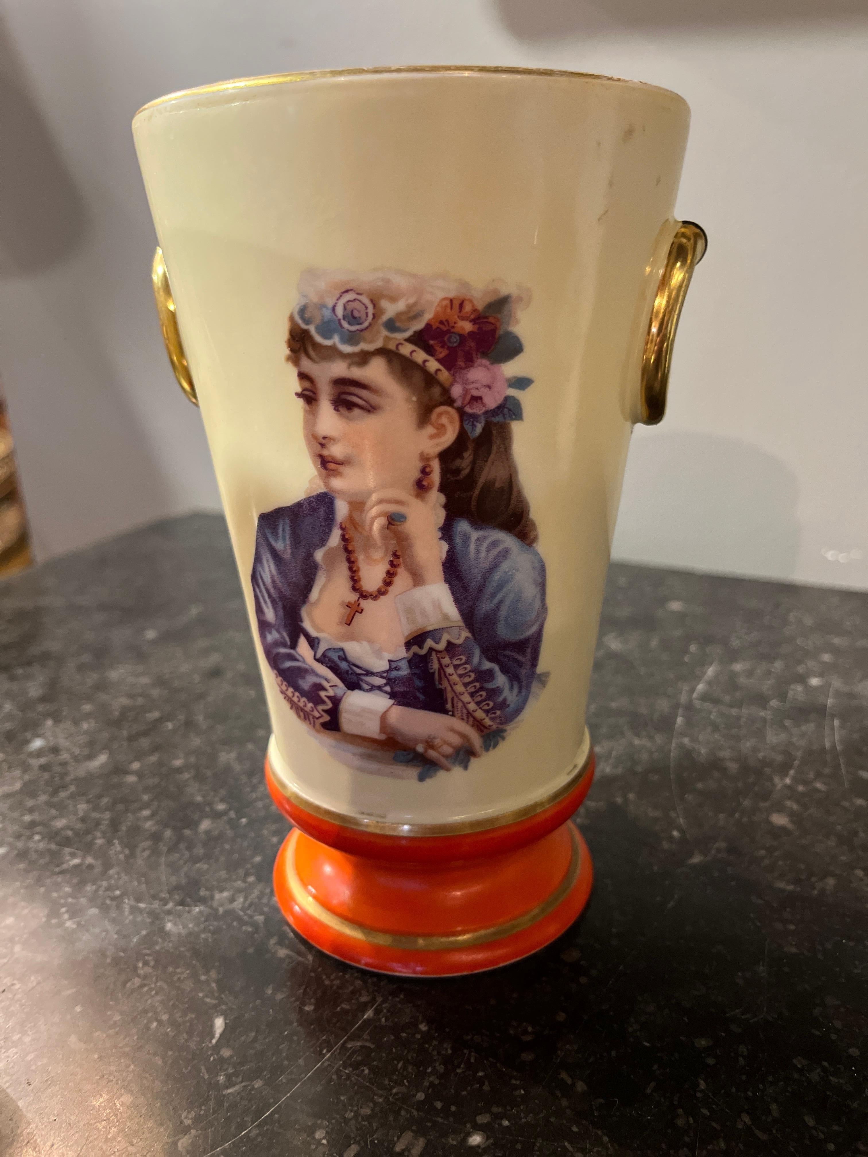 French Circa 1930's Pair Portrait Vases Orange Accent For Sale