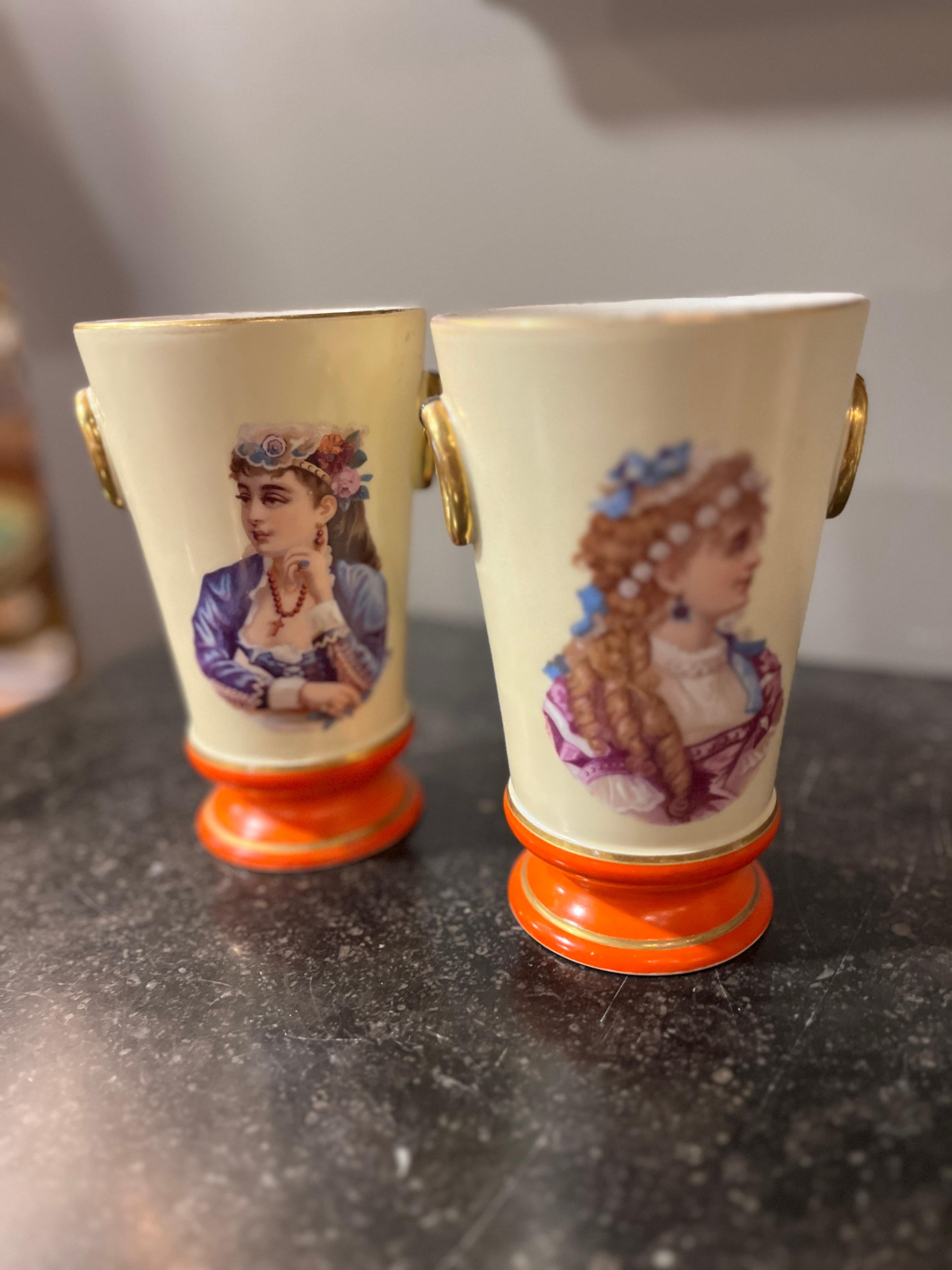 Circa 1930's Pair Portrait Vases Orange Accent For Sale 1