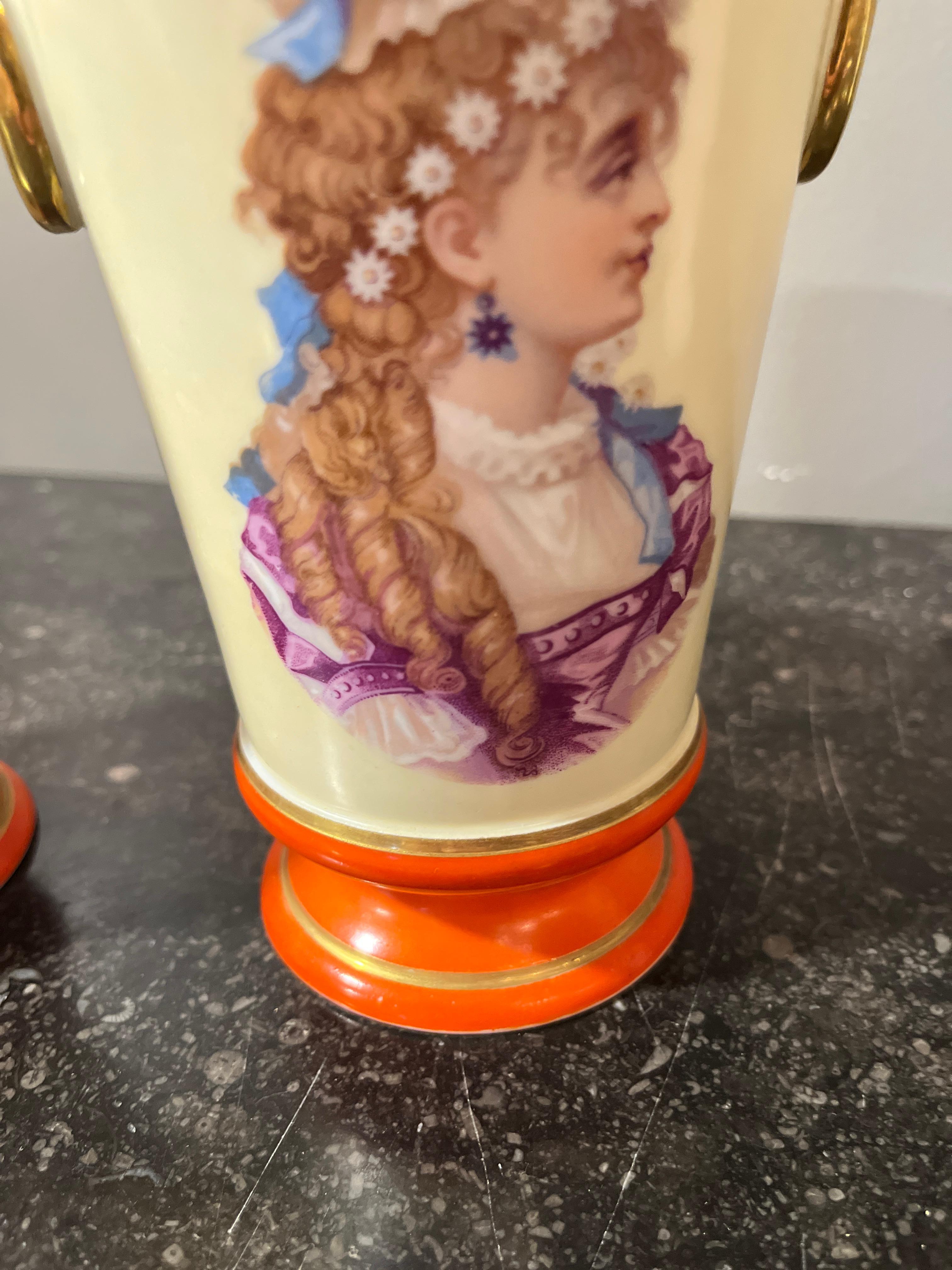 Circa 1930's Pair Portrait Vases Orange Accent For Sale 2