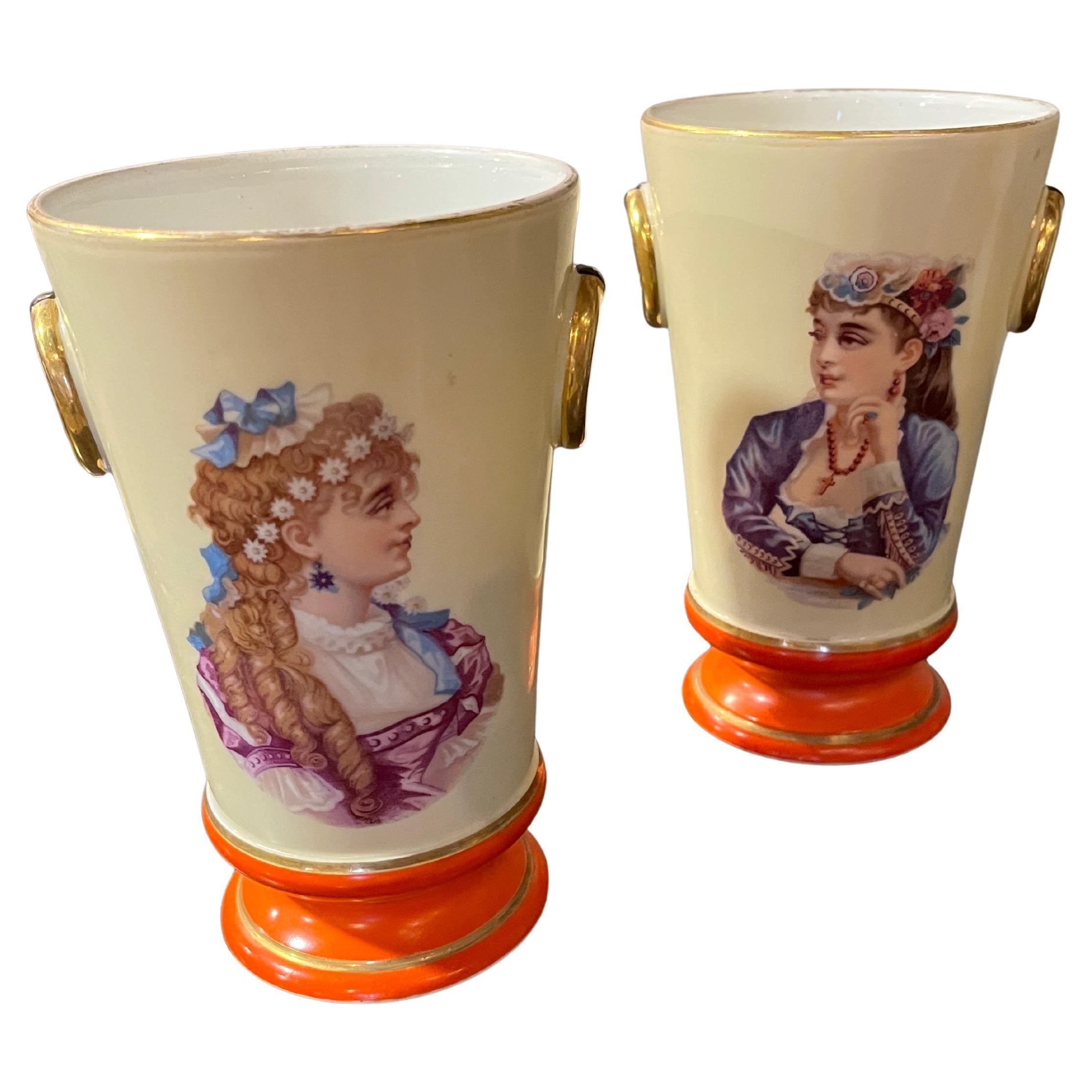 Circa 1930's Pair Portrait Vases Orange Accent For Sale
