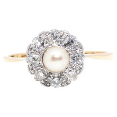 Circa 1930s Pearl and Diamond Halo 18 Carat Yellow and White Gold Cluster Ring