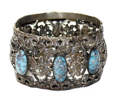 Circa 1930s Plated Brass & Blue Glass Cabochon Hinged Bangle