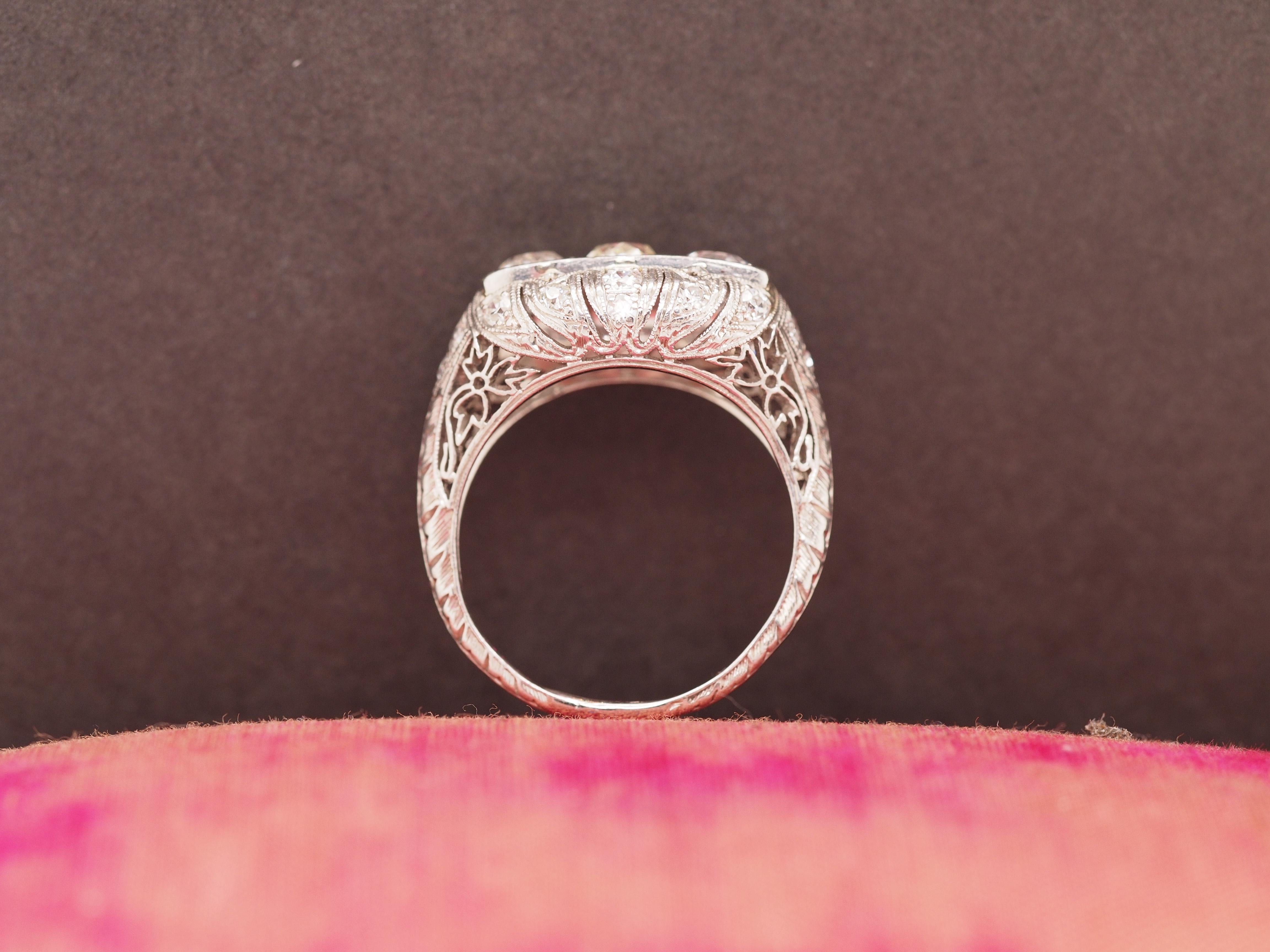 Circa 1930s Platinum Art Deco 3 Stone Old Mine Brilliant 1.40cttw Diamond Ring For Sale 2