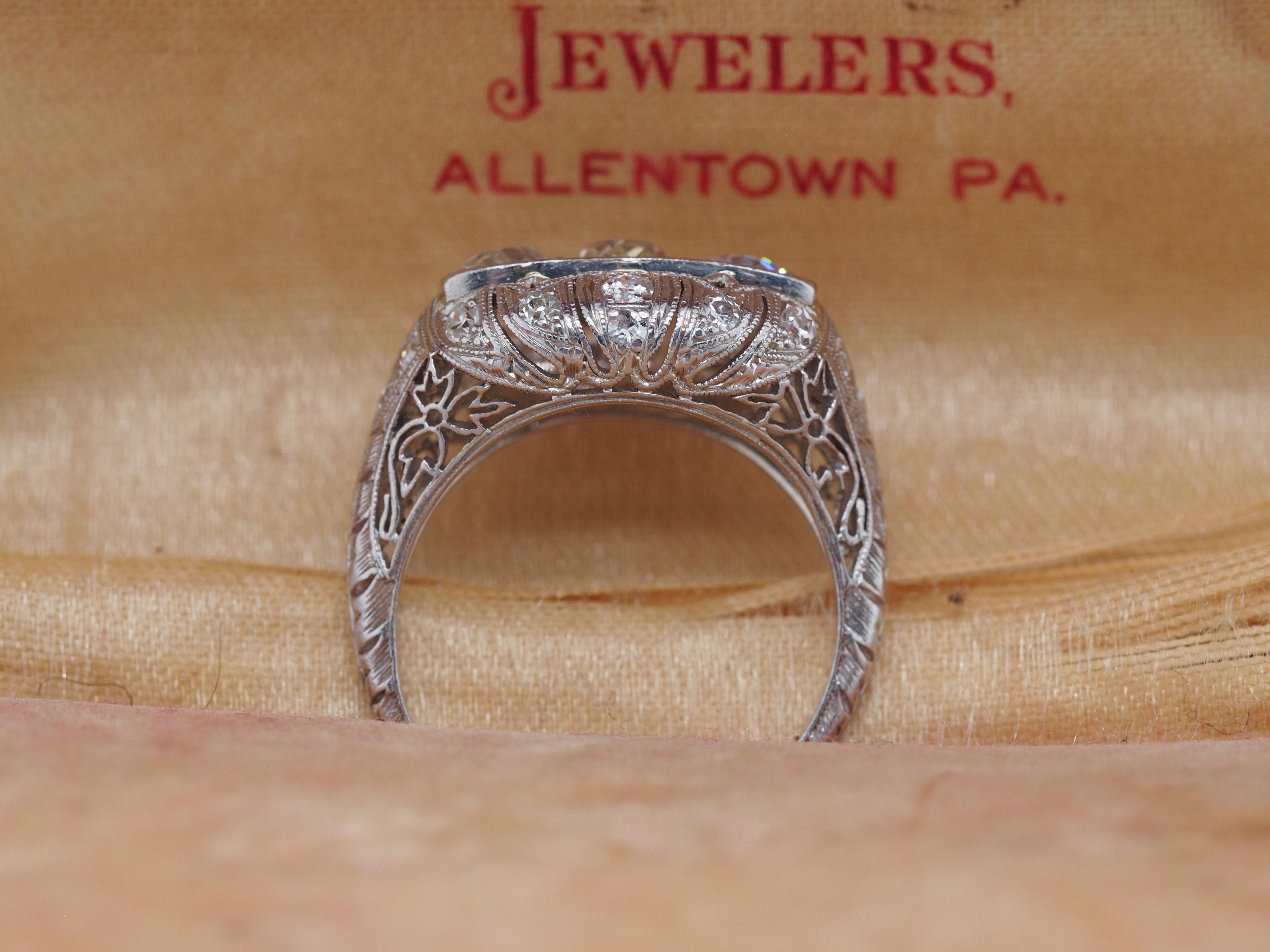 Circa 1930s Platinum Art Deco 3 Stone Old Mine Brilliant 1.40cttw Diamond Ring For Sale 3