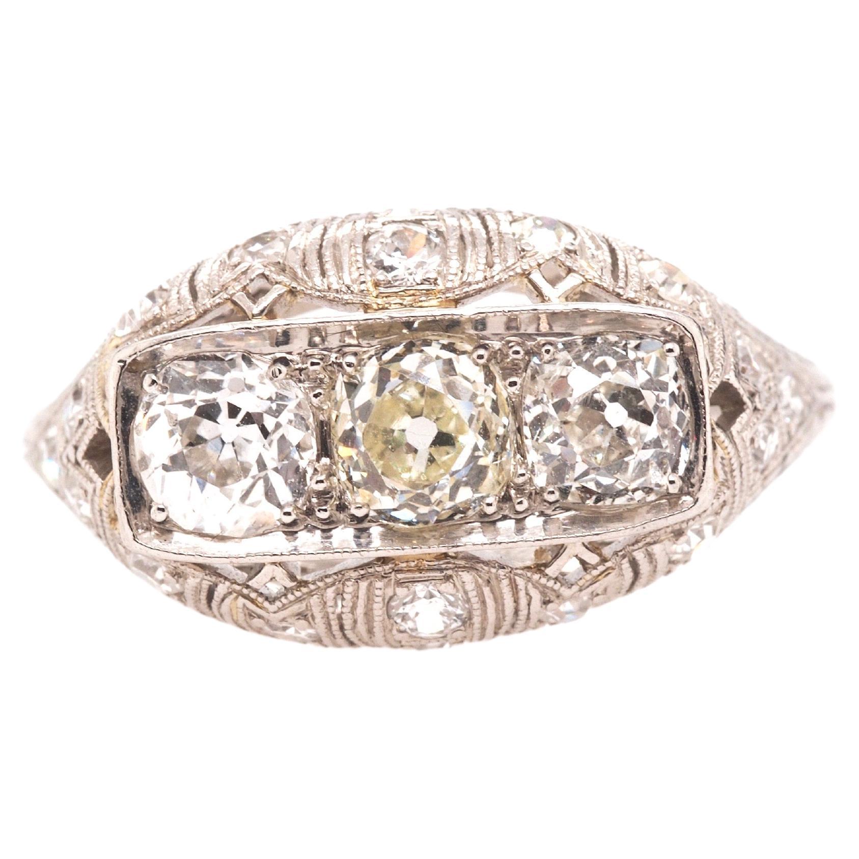 Circa 1930s Platinum Art Deco 3 Stone Old Mine Brilliant 1.40cttw Diamond Ring For Sale