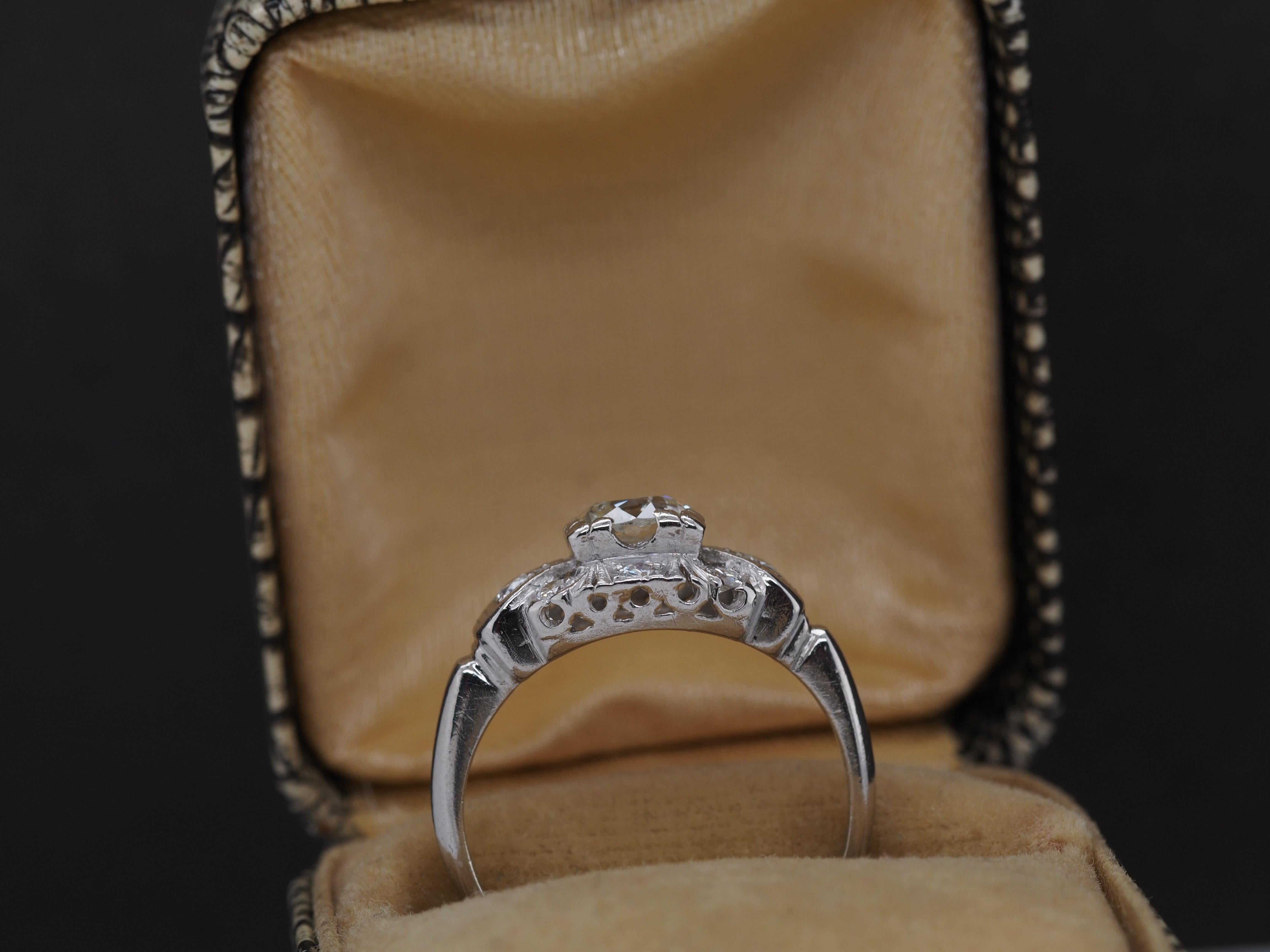 Women's circa 1930s Platinum Art Deco .65ct Old European Diamond Engagement Ring For Sale