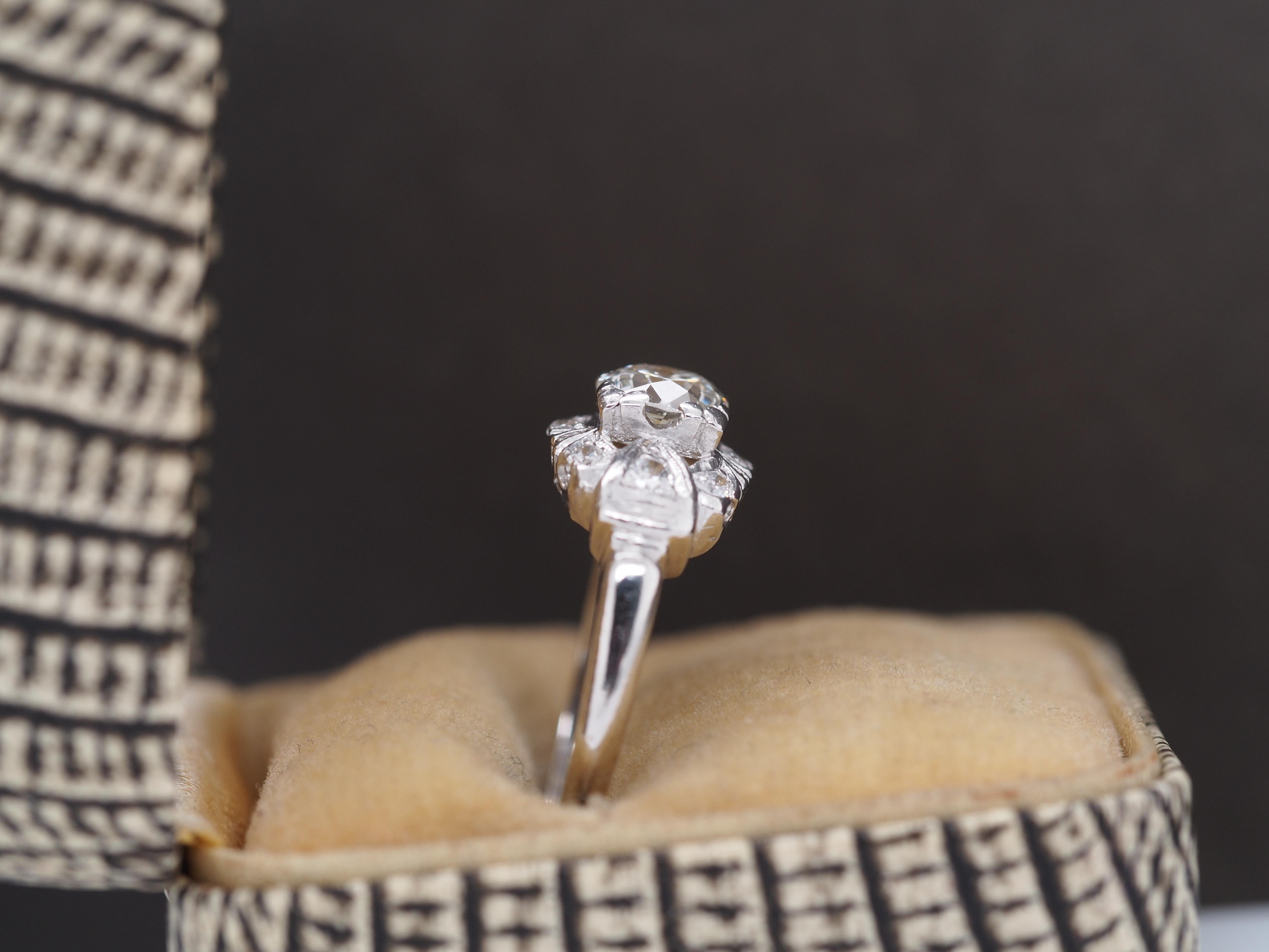 circa 1930s Platinum Art Deco .65ct Old European Diamond Engagement Ring For Sale 1