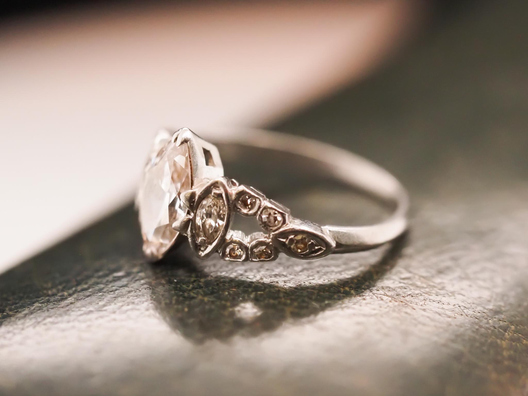 Circa 1930s Platinum Art Deco Antique Marquise Engagement Ring For Sale 1