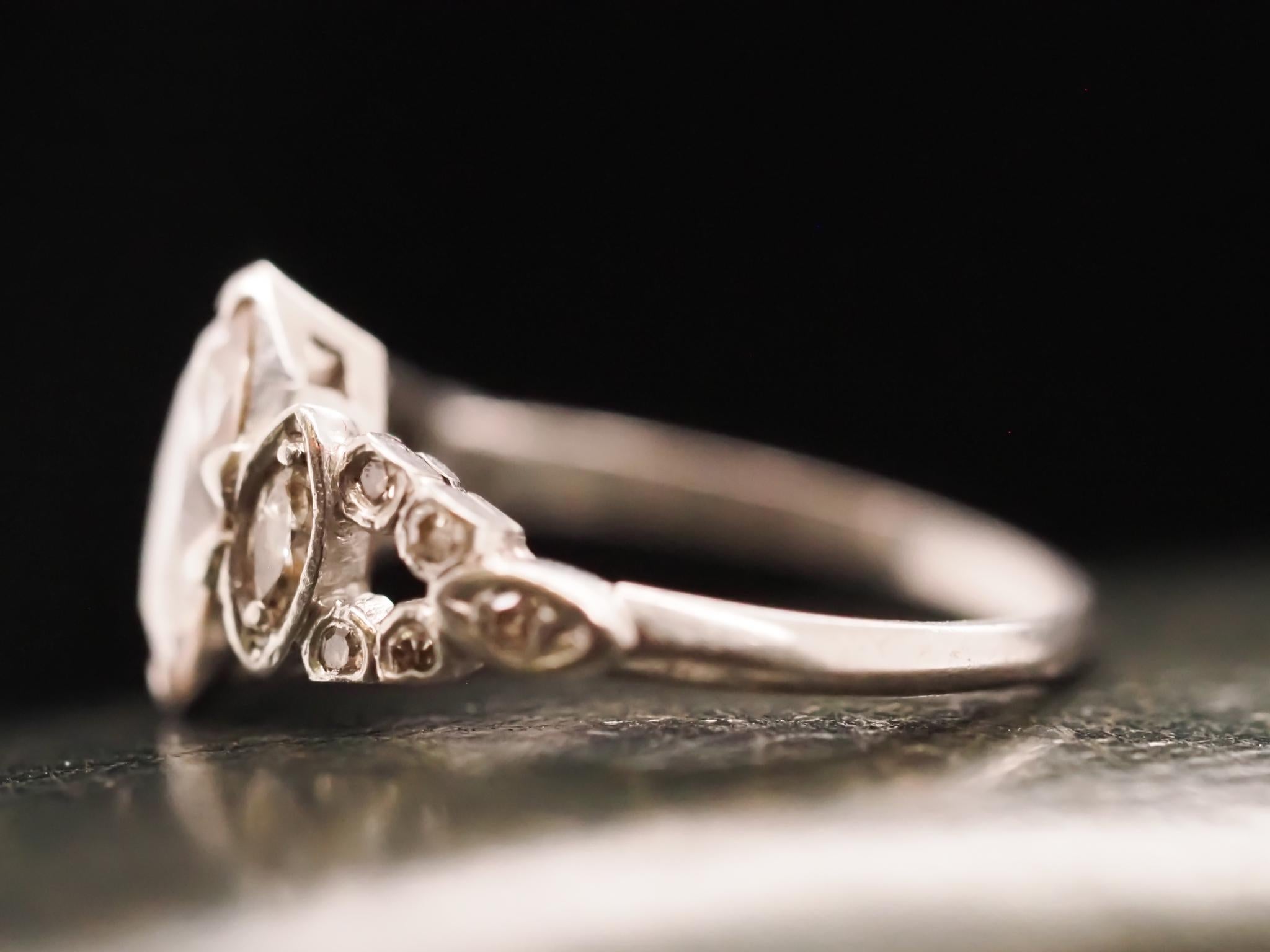 Circa 1930s Platinum Art Deco Antique Marquise Engagement Ring For Sale 2