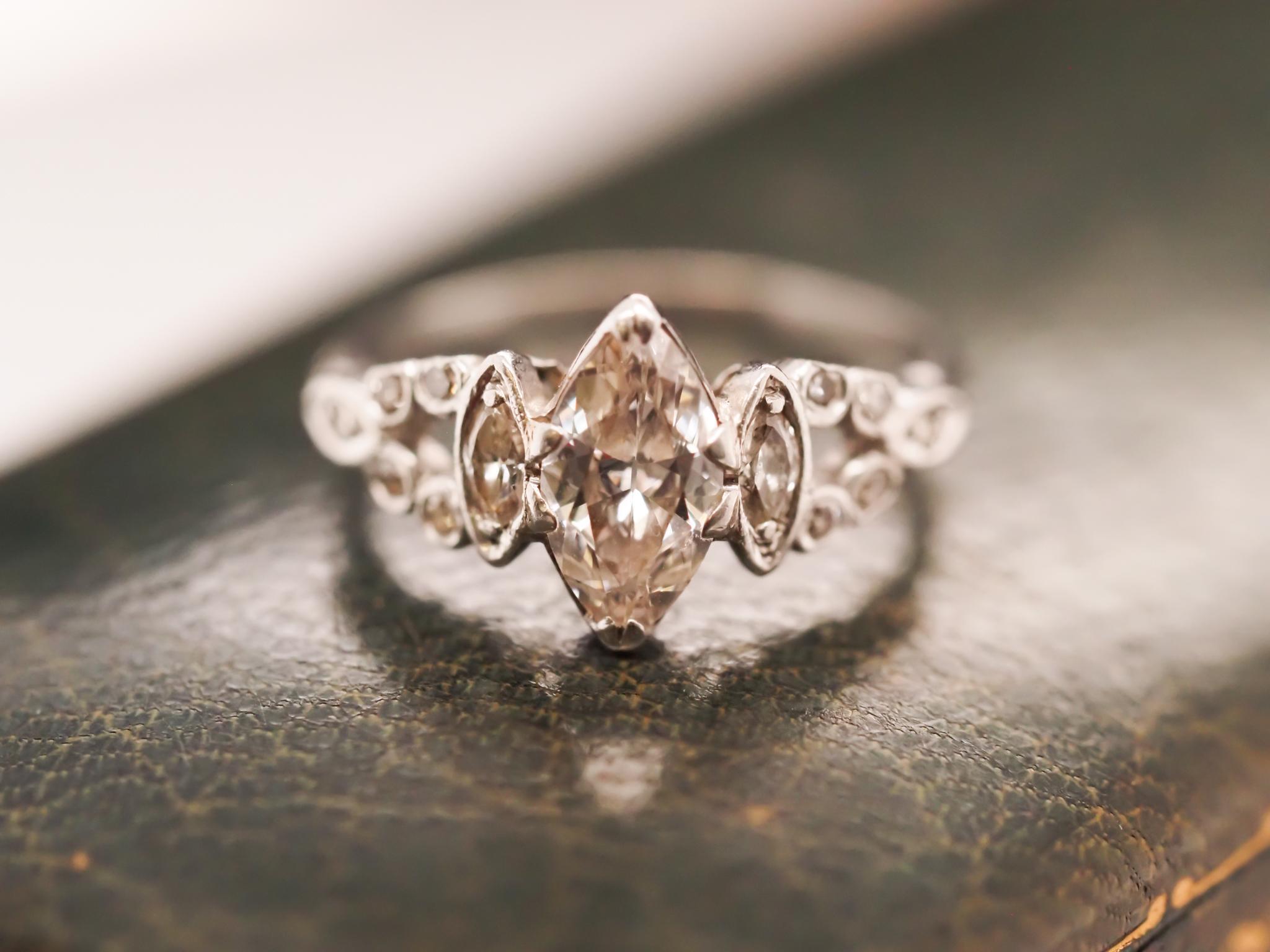 Circa 1930s Platinum Art Deco Antique Marquise Engagement Ring For Sale 4