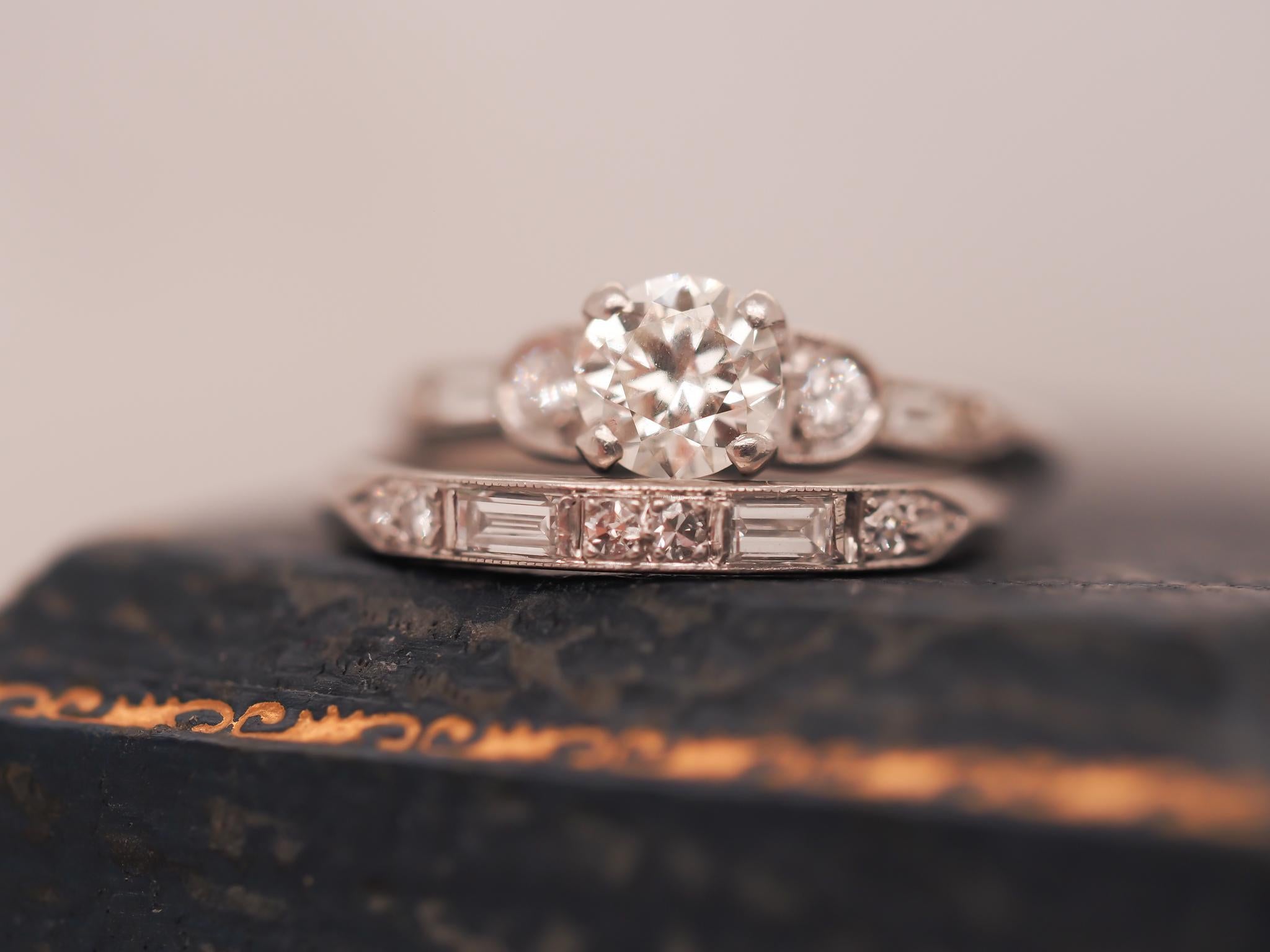 Circa 1930s Platinum Art Deco Engagement Ring and Wedding Band Set In Good Condition For Sale In Hicksville, NY
