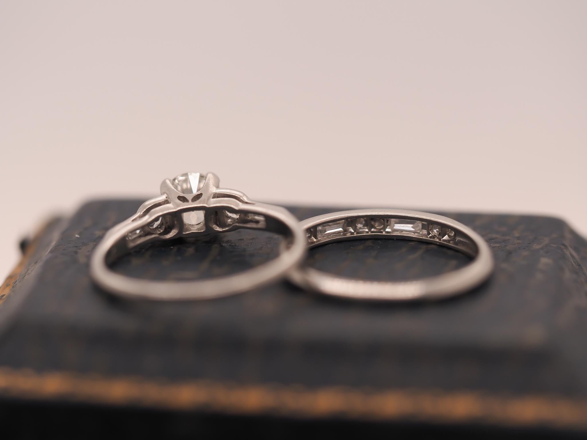Circa 1930s Platinum Art Deco Engagement Ring and Wedding Band Set For Sale 2